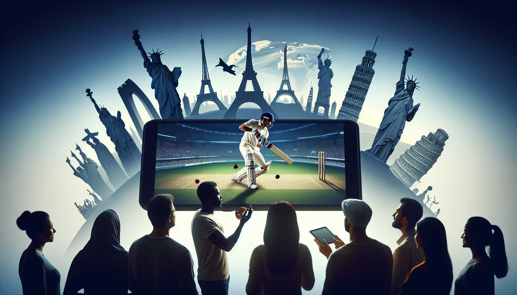 people watching a cricket match on a digital device with global landmarks in the background