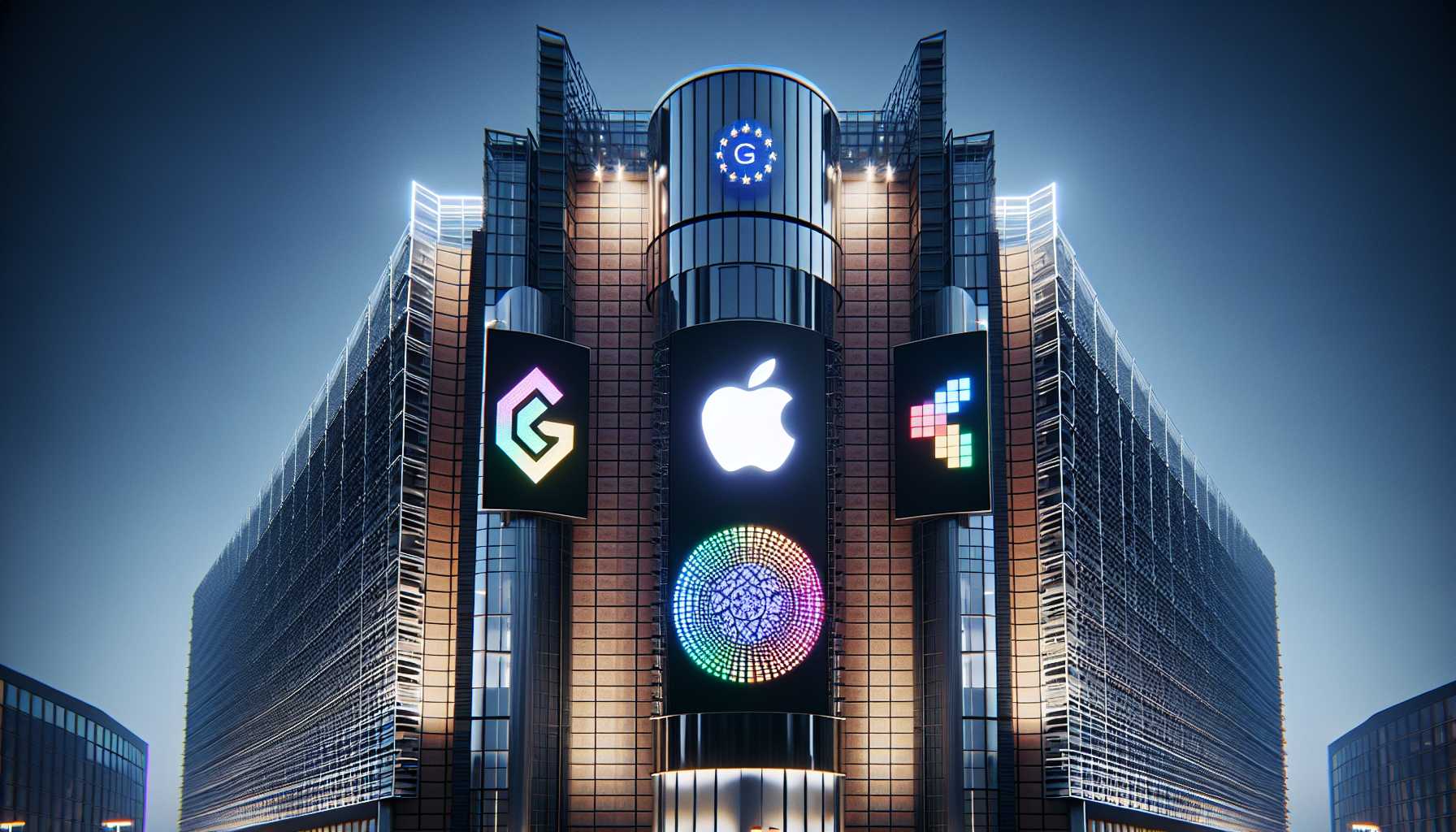 European Commission building in Brussels with digital screens displaying logos of Alphabet, Apple, and Meta