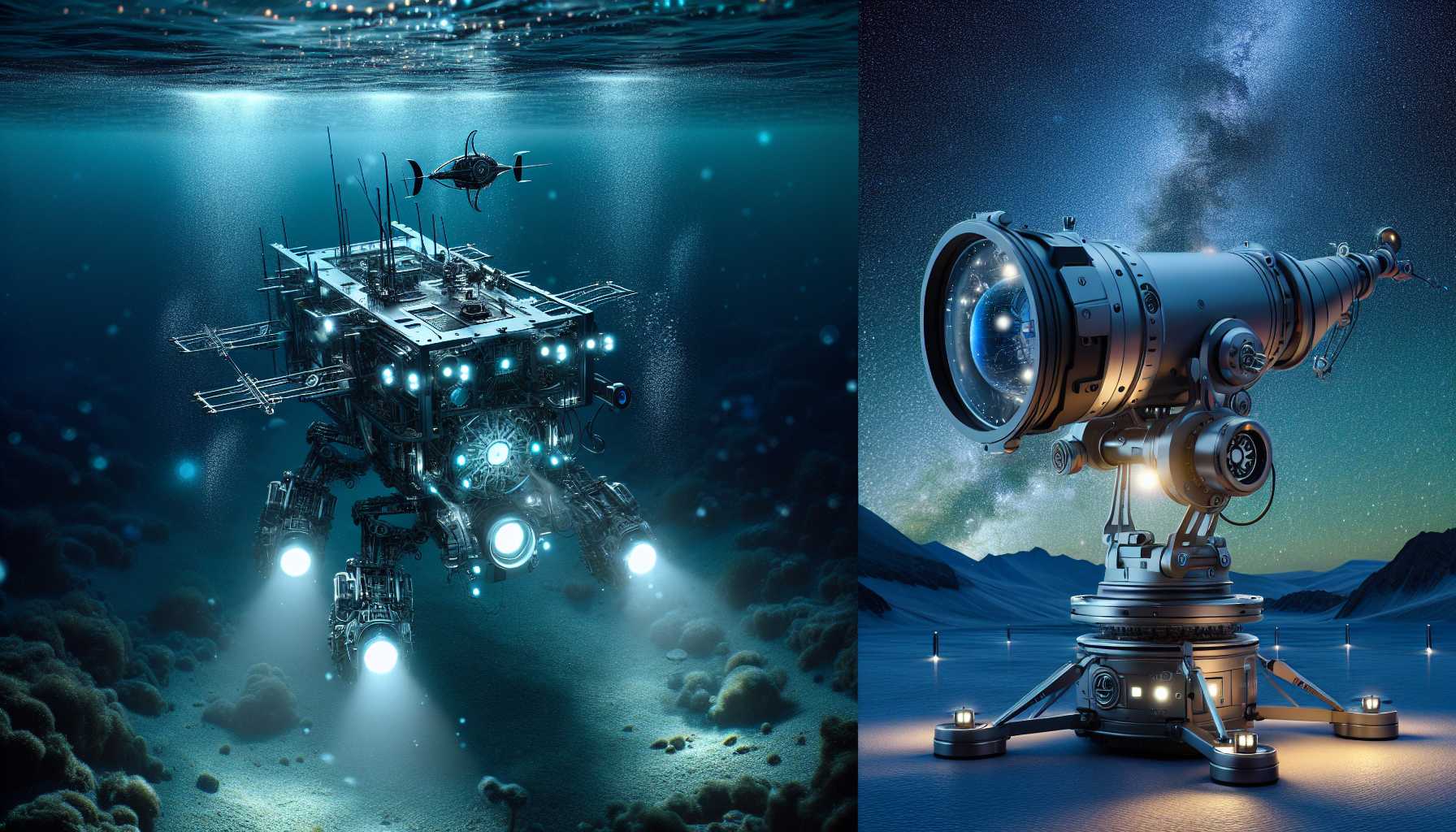 Cutting-edge technology devices like underwater drones and telescopes used for exploration