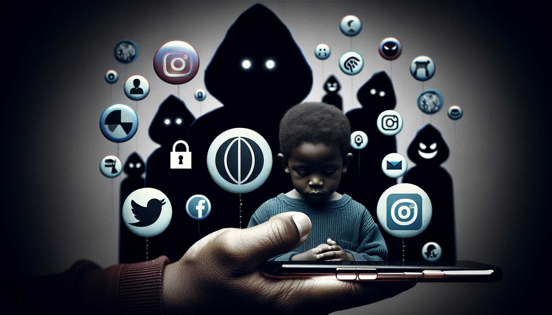 Shadowy figures behind social media app icons preying on a smartphone held by a child