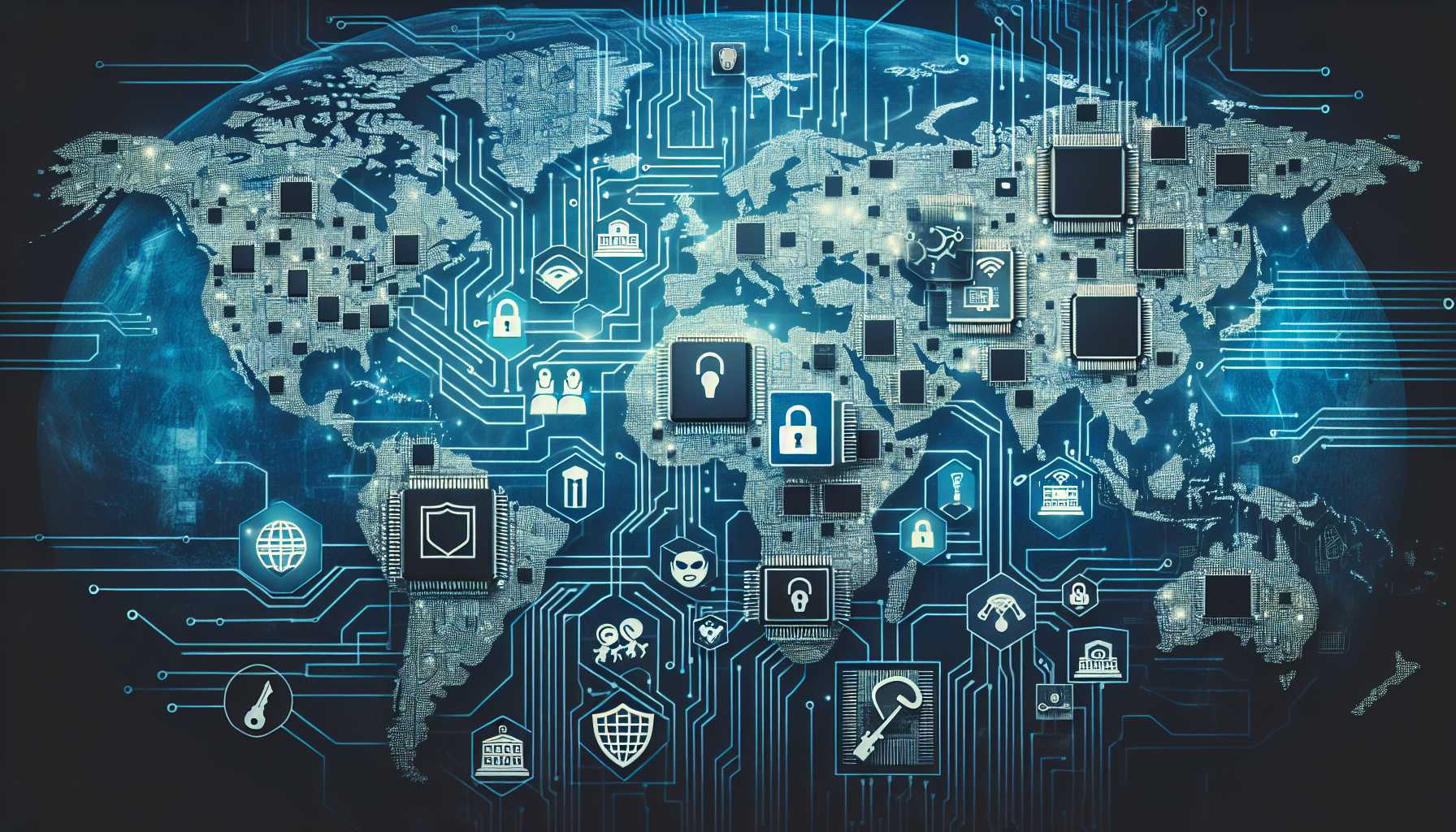 A world map with digital connections and cybersecurity symbols overlaying images of microchips and government buildings