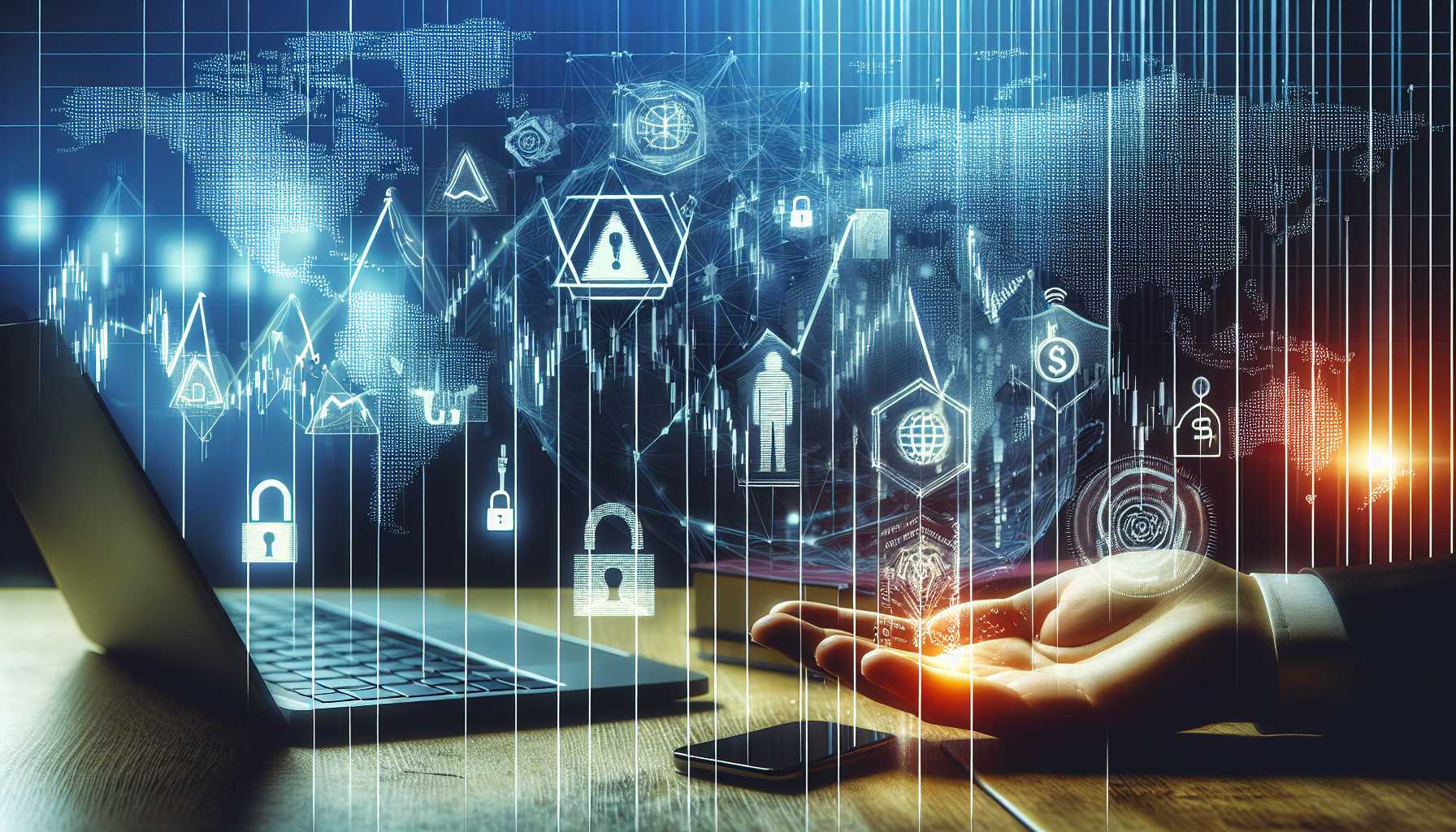 Graph depicting the fall in stock prices with cyber threat icons and network vulnerabilities in the background