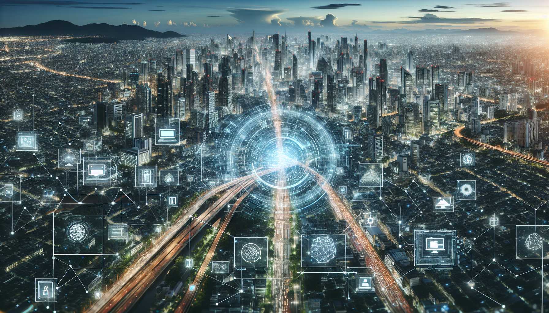 aerial view of a city's digital twin infrastructure being analyzed by AI