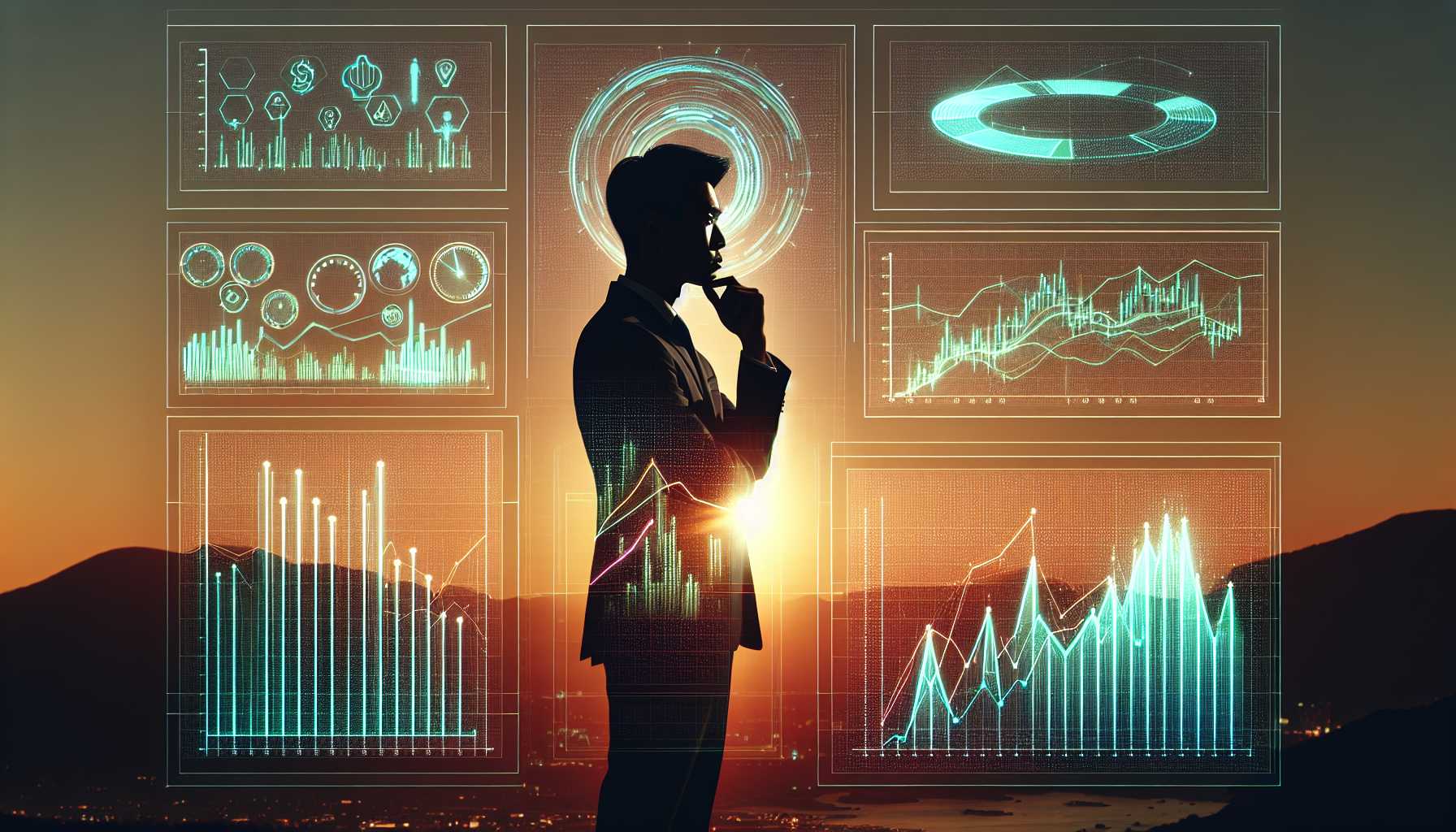 Silhouette of a person gazing at AI-powered growth charts representing investments in technology