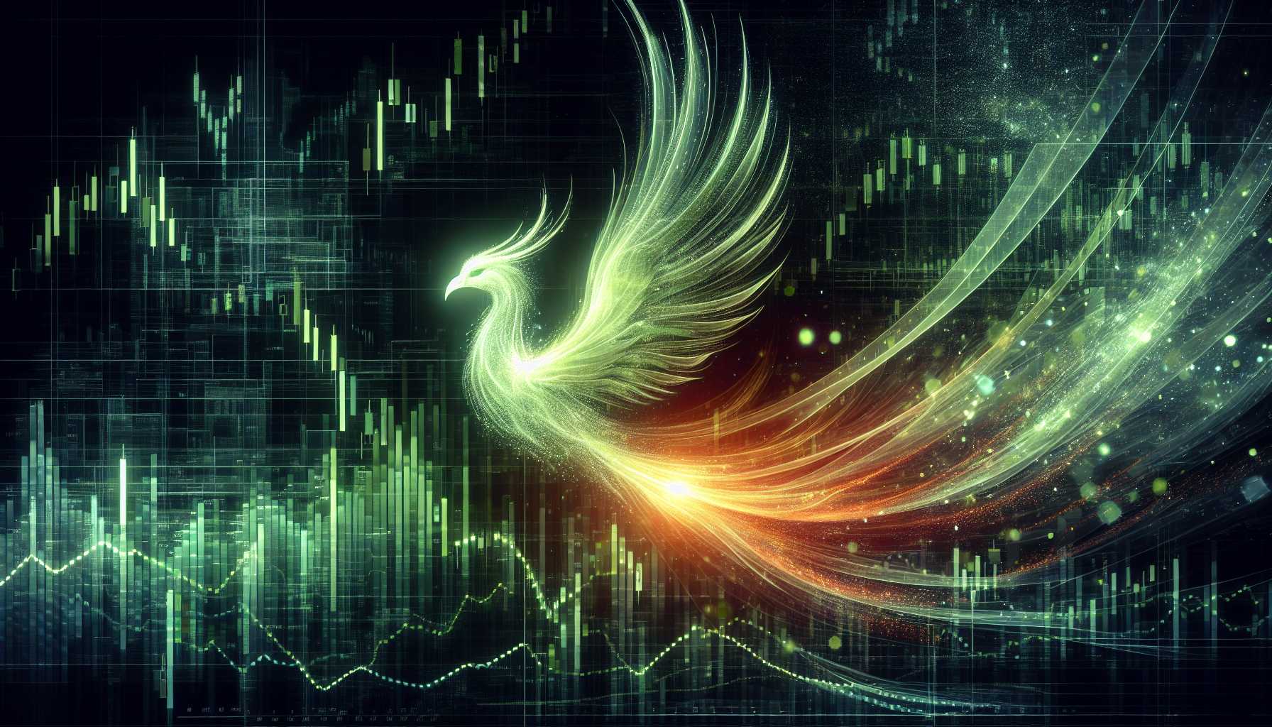 a graphic representation of a phoenix symbolizing NVIDIA against a backdrop of stock market graphs