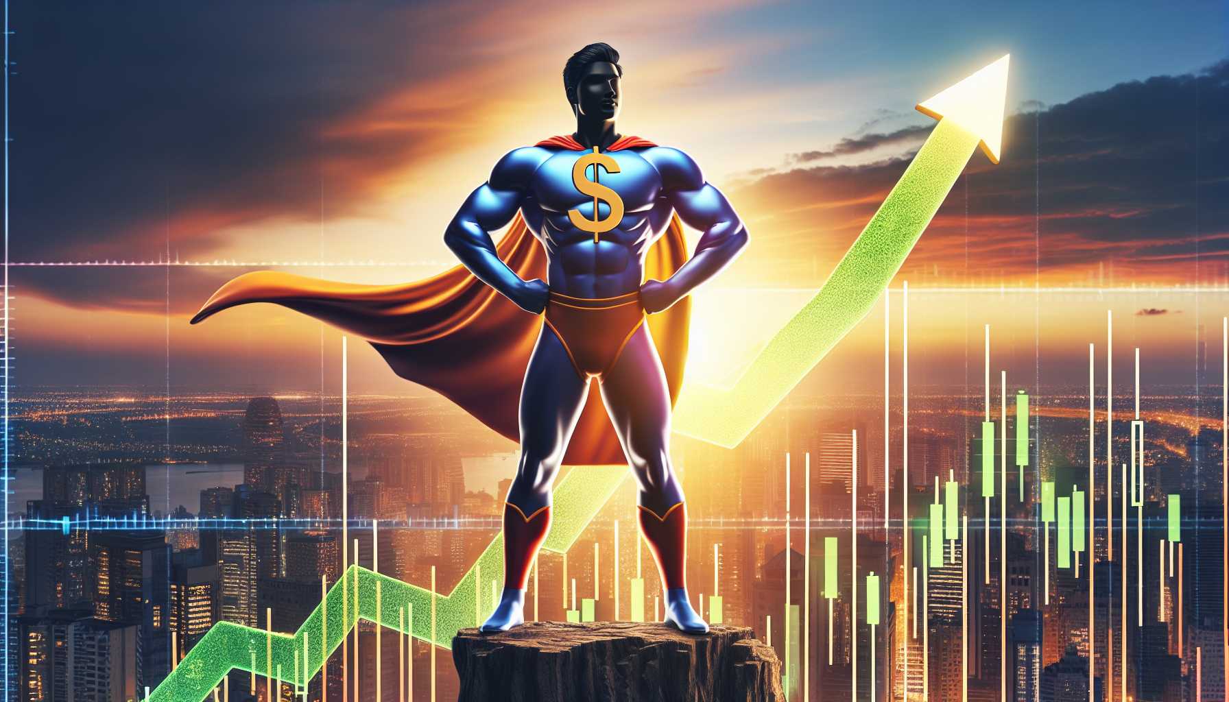 a depiction of a small-cap stock as an underdog superhero poised for growth