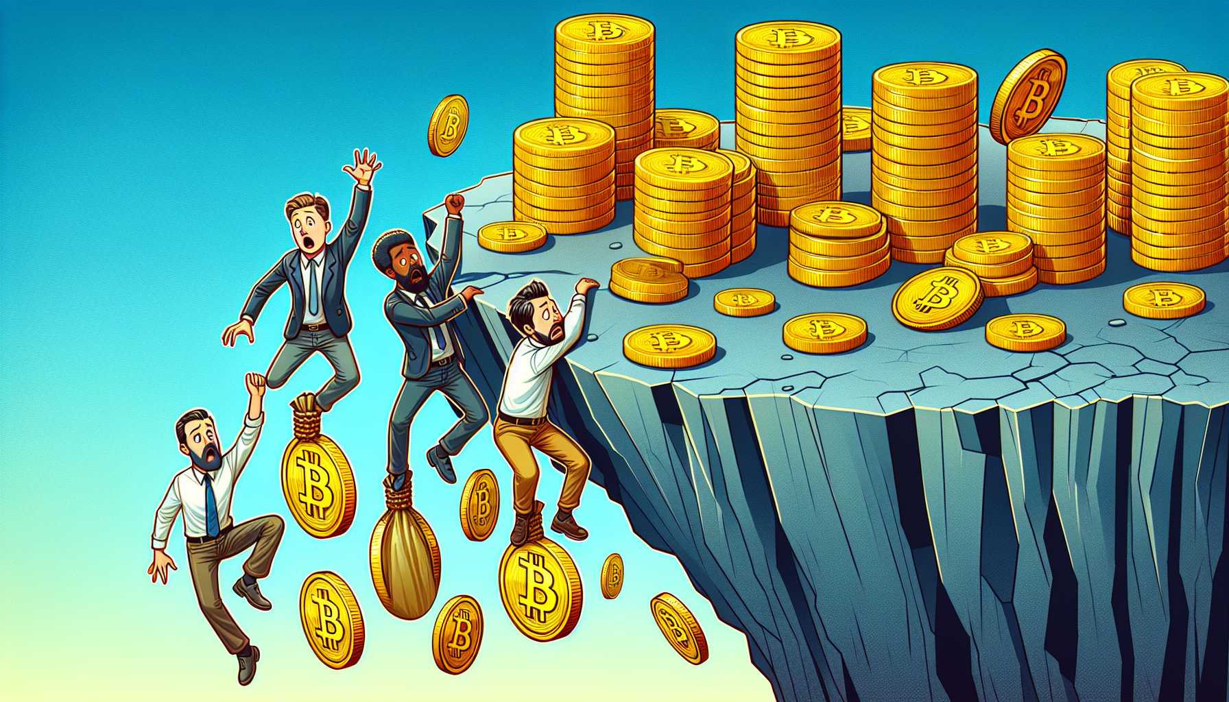 an illustration of Bitcoin currency with short sellers hanging from a cliff made of coin stacks