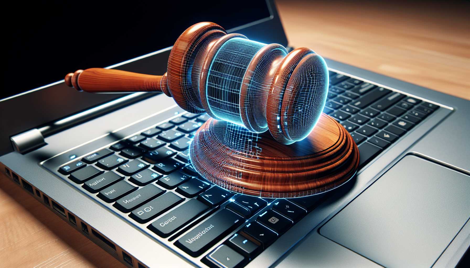 a digital gavel over a laptop keyboard signifying court ruling in technology