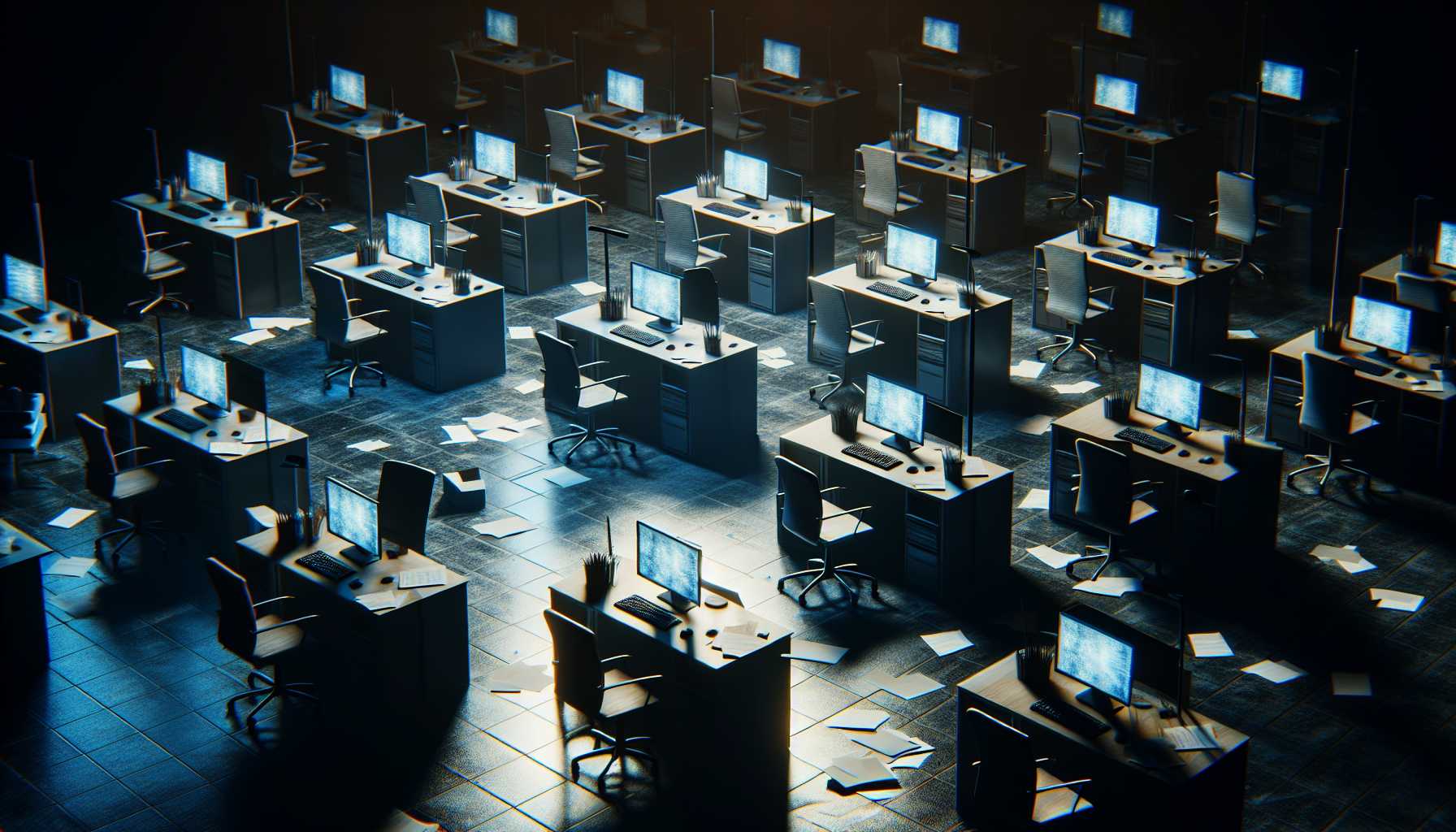 a dimly lit office with scattered desks and computers, symbolizing tech layoffs