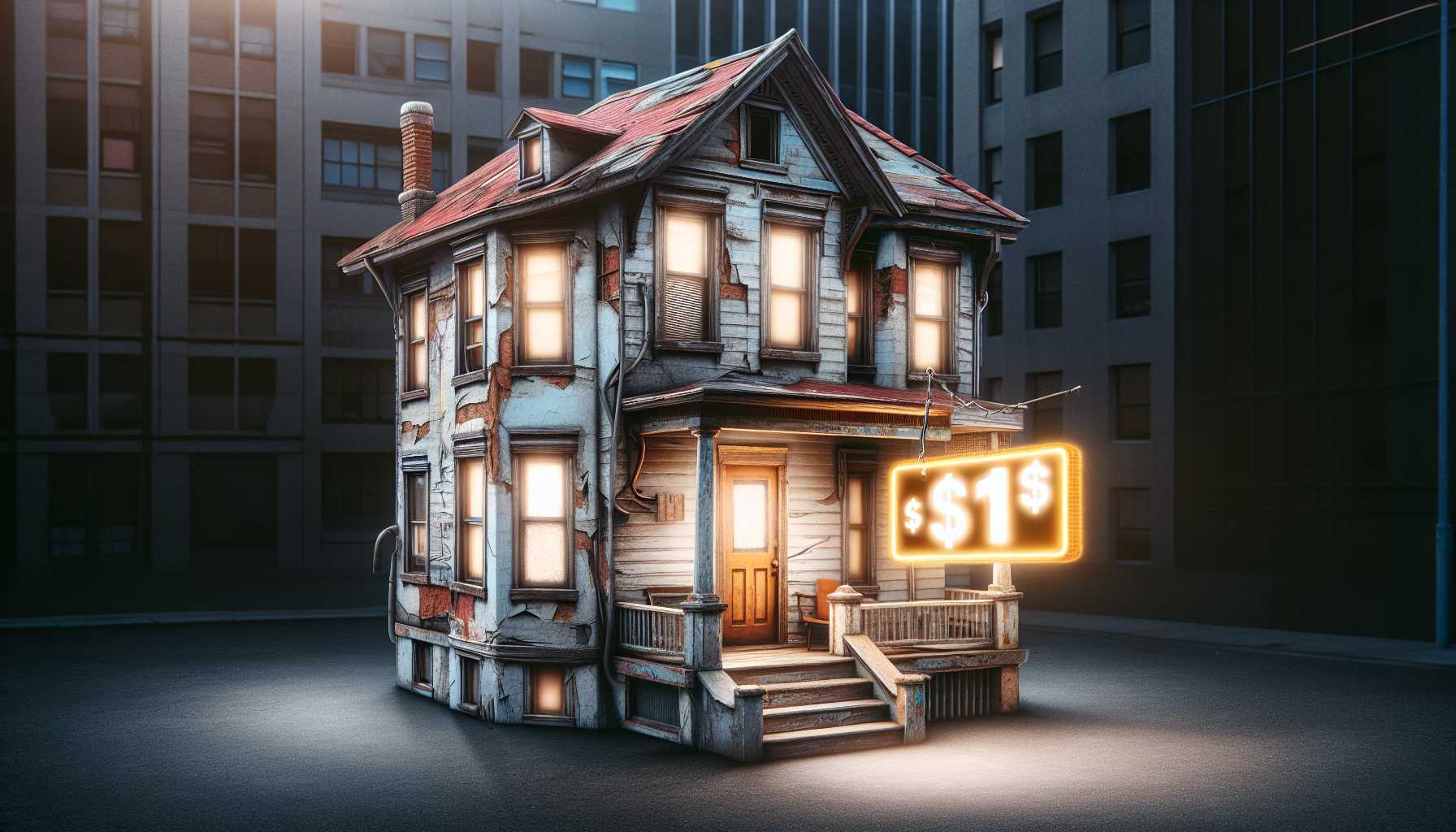 a dilapidated urban house with a glowing $1 price tag