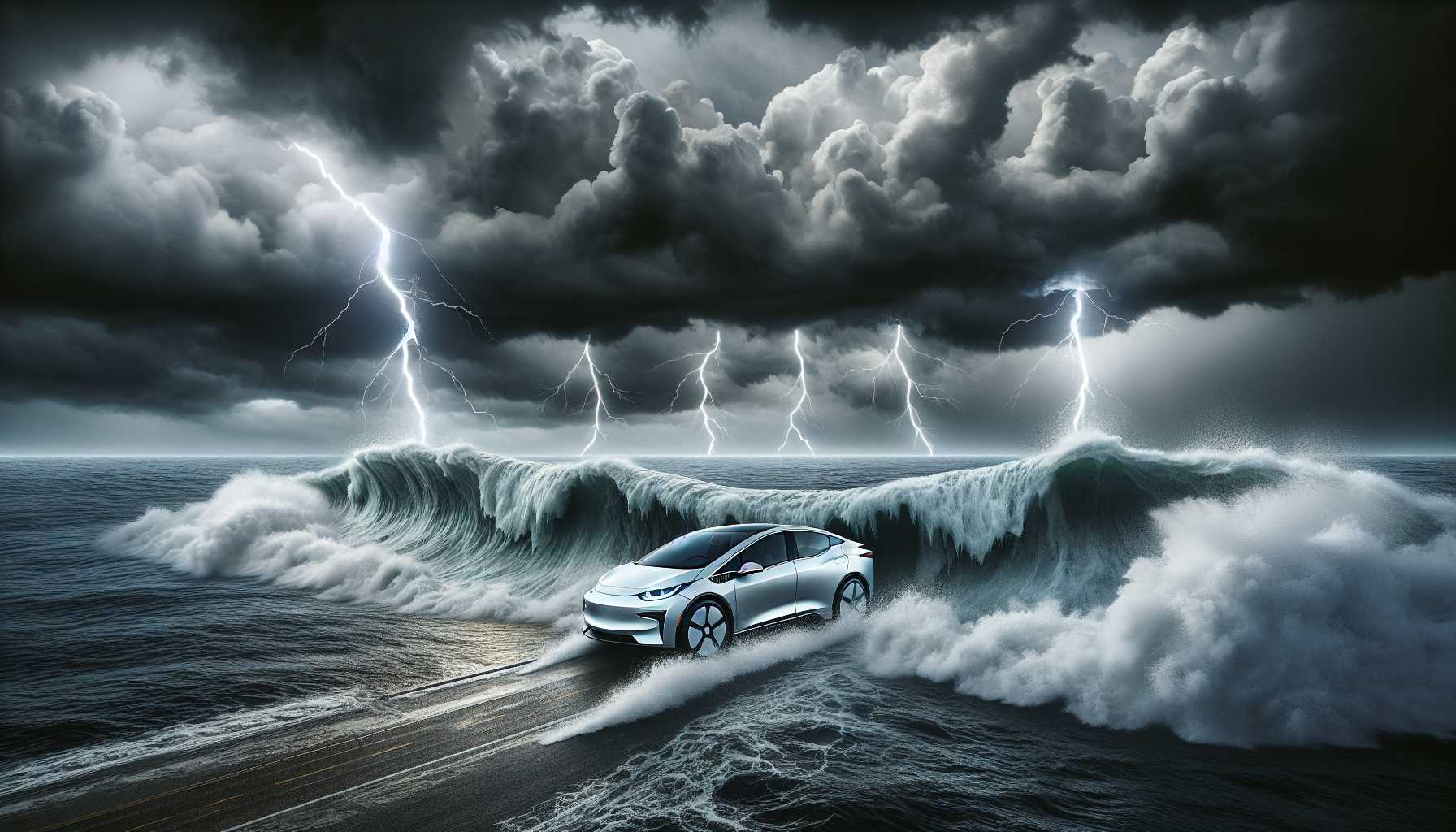 electric car on a stormy sea metaphor