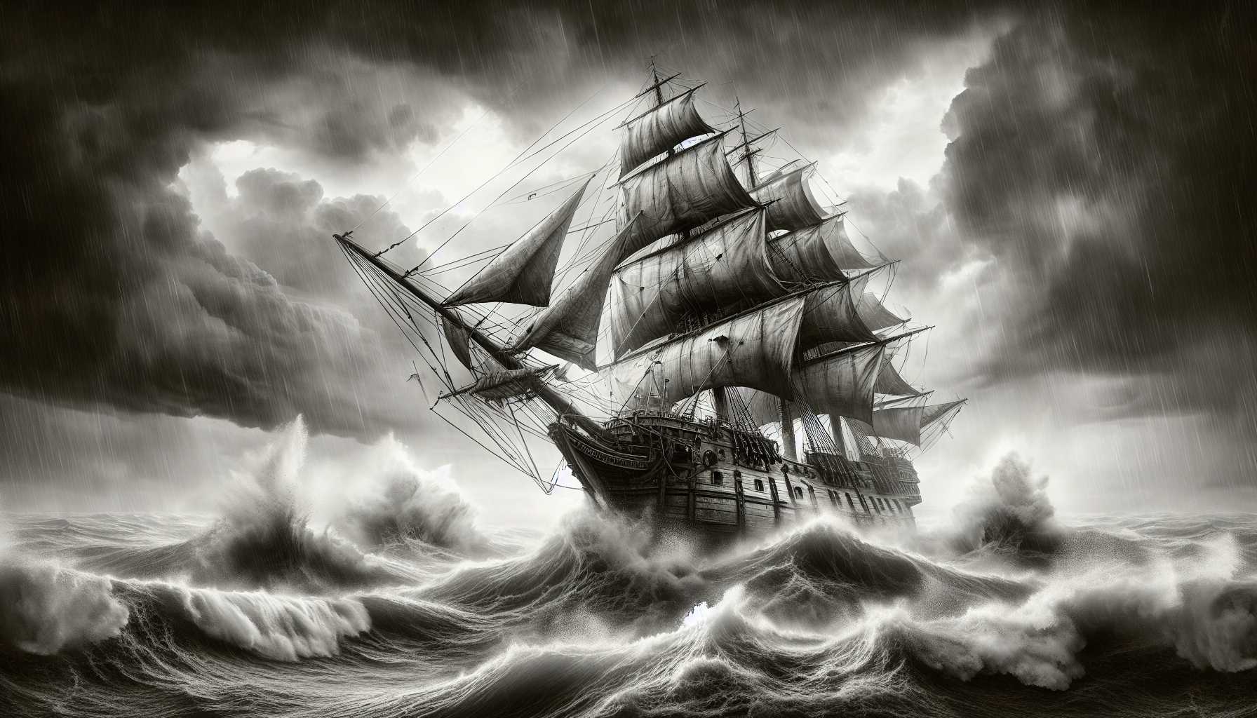 a ship sailing through turbulent waters with storm clouds