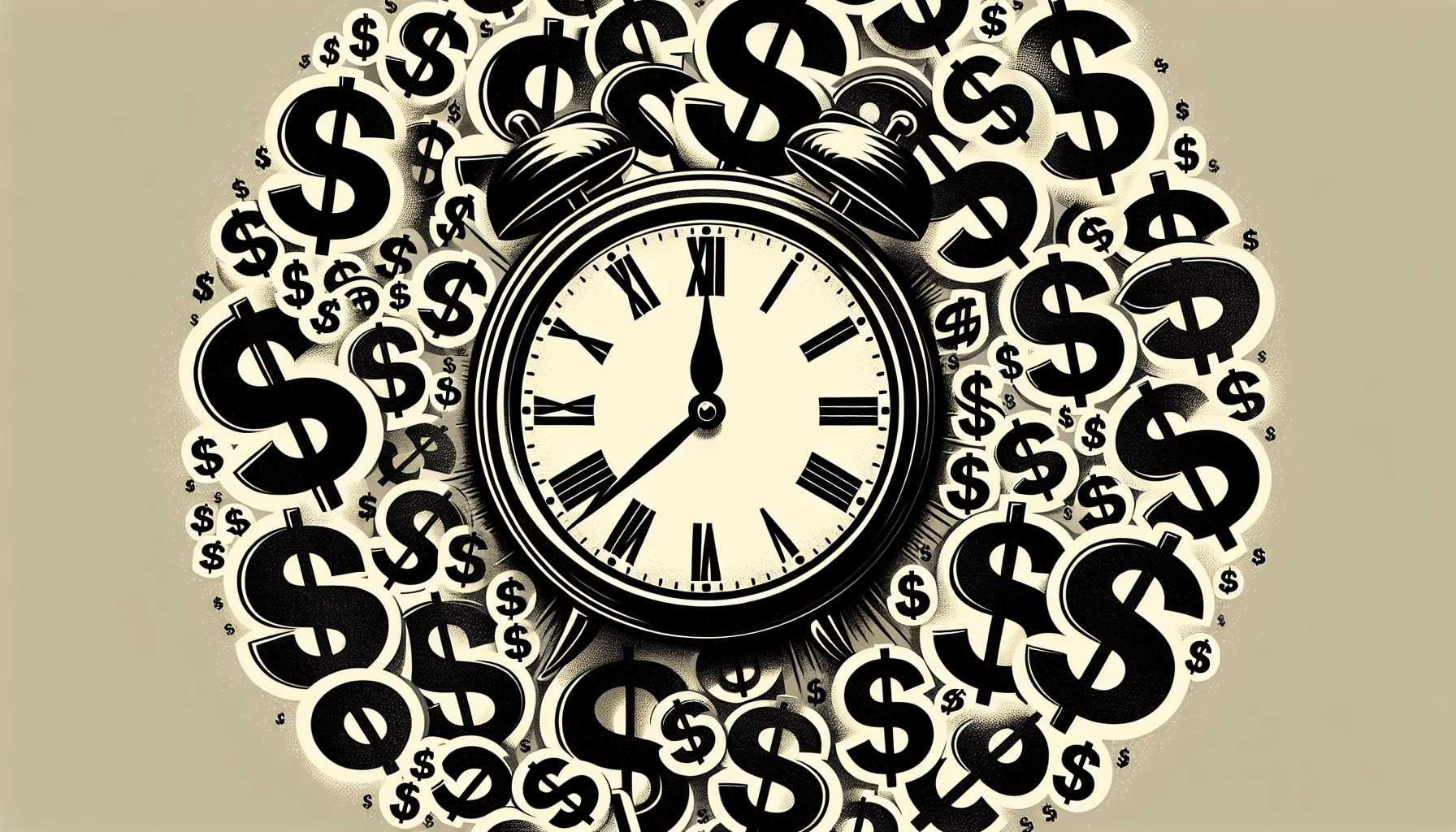 a clock with dollar signs around it symbolizing financial troubles