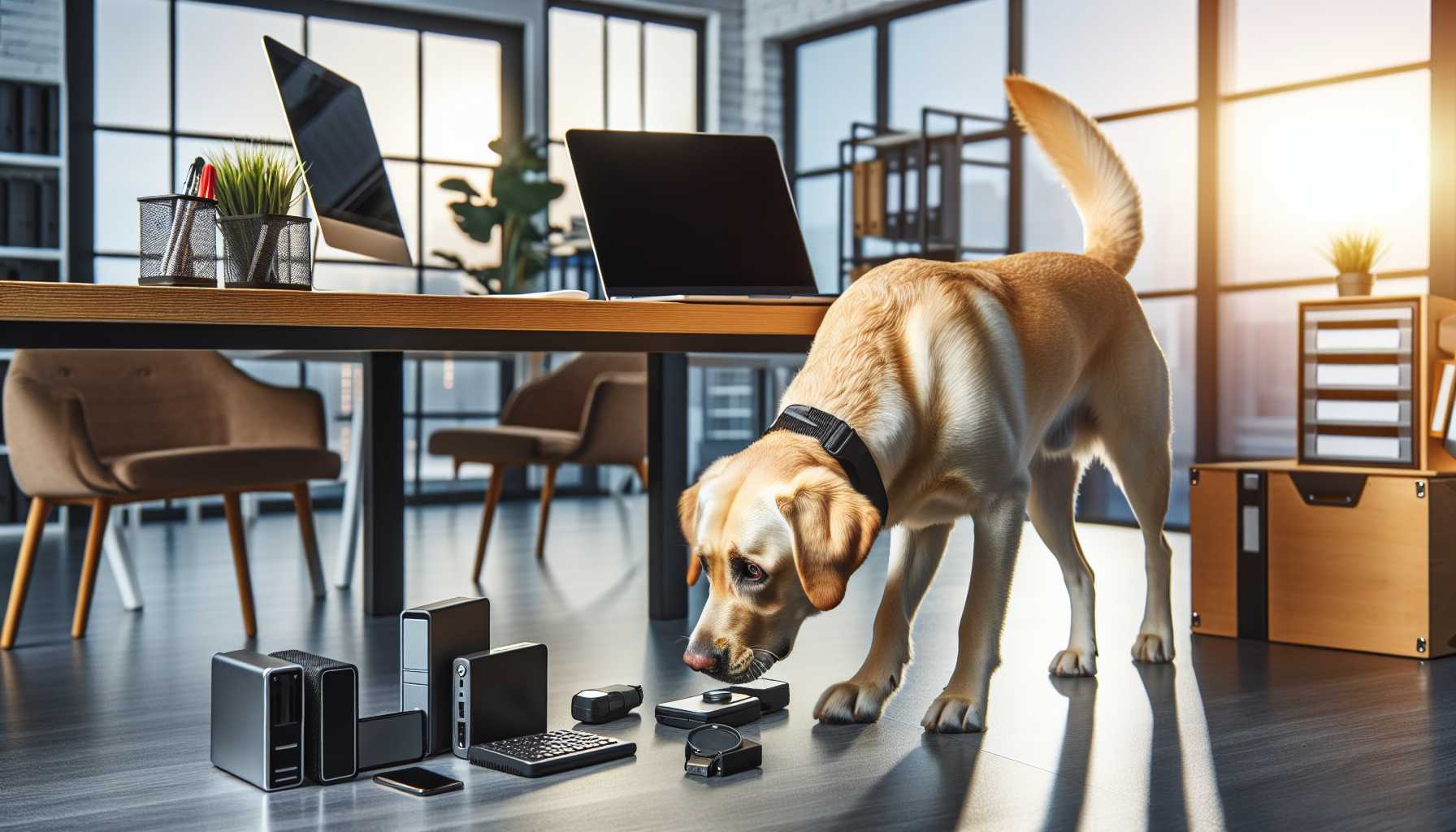 a Labrador retriever sniffing out digital devices