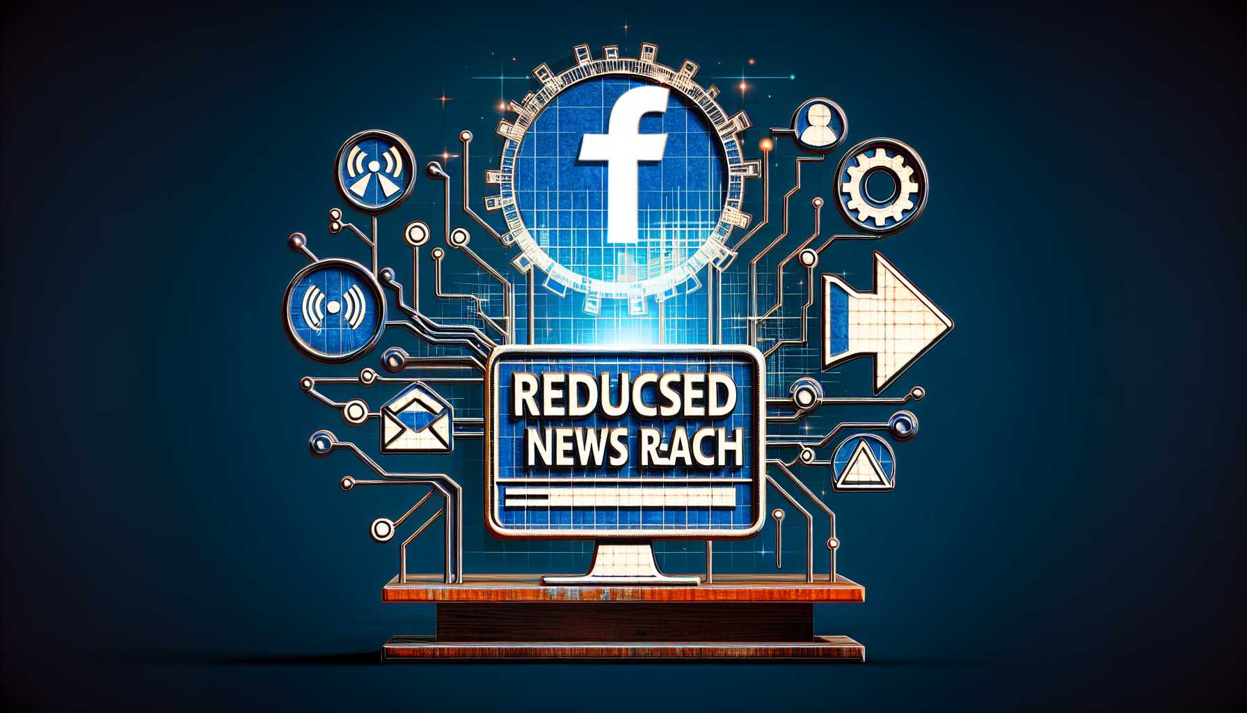 Meta logo with Facebook and Instagram icons with a 'reduced news reach' sign