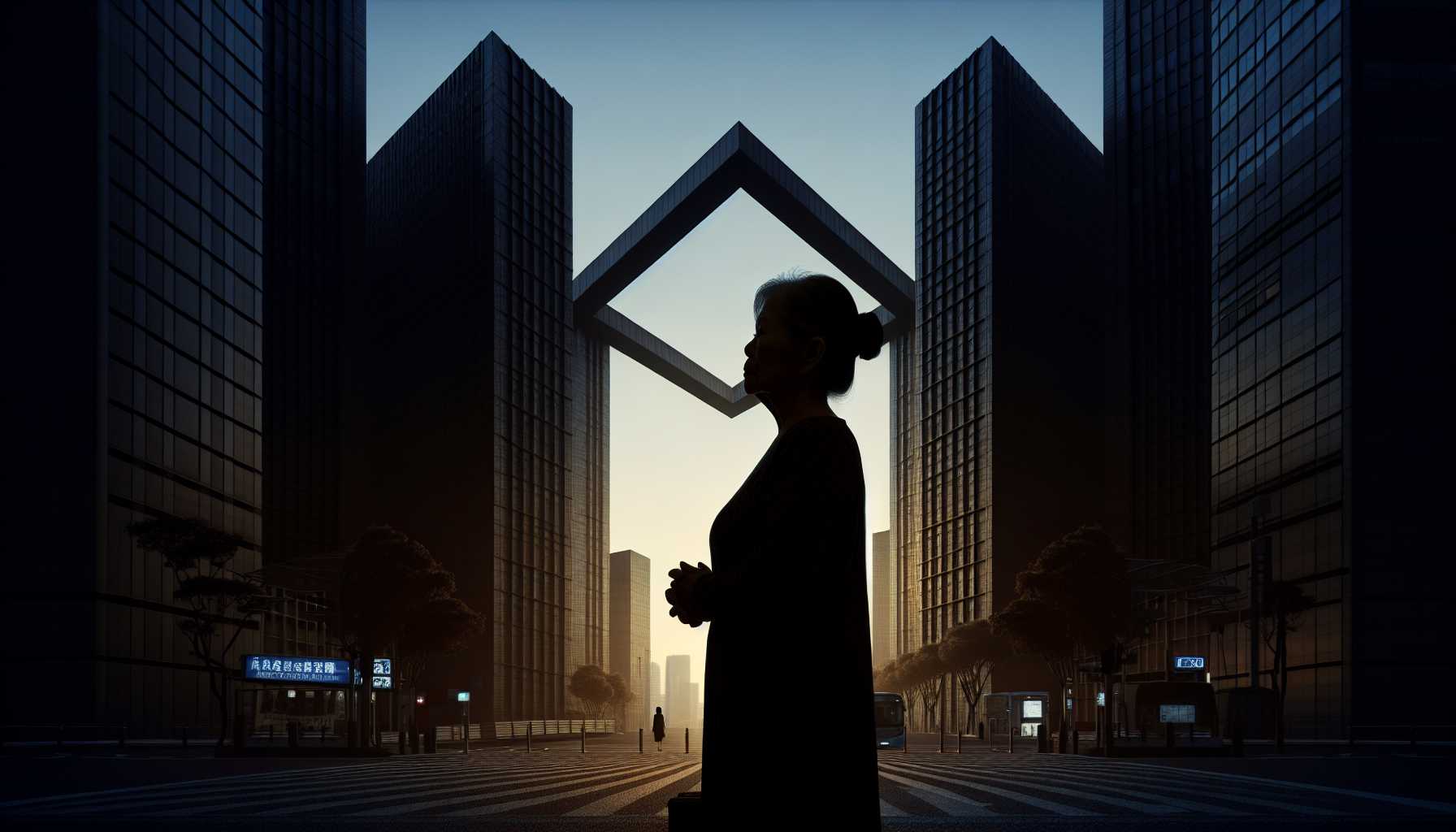 A figure standing at a crossroads signifying forced retirement with shadowy corporate buildings in the background