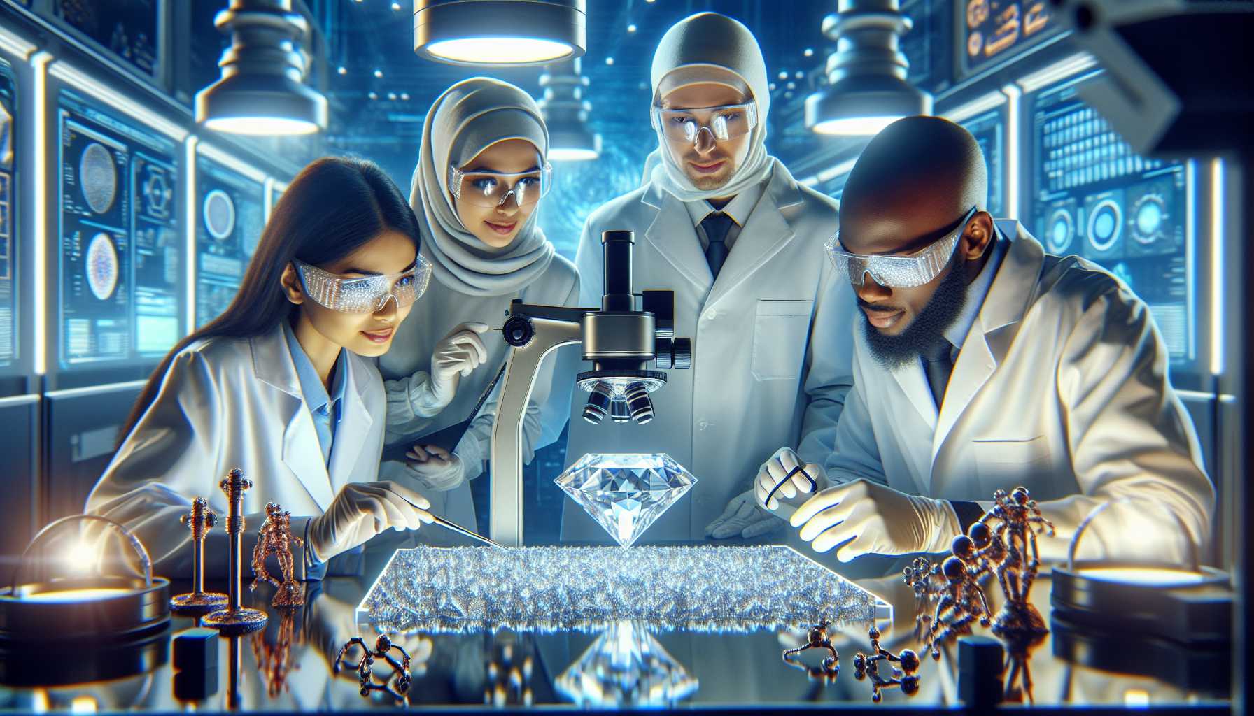 scientists examining a diamond semiconductor in a high-tech lab