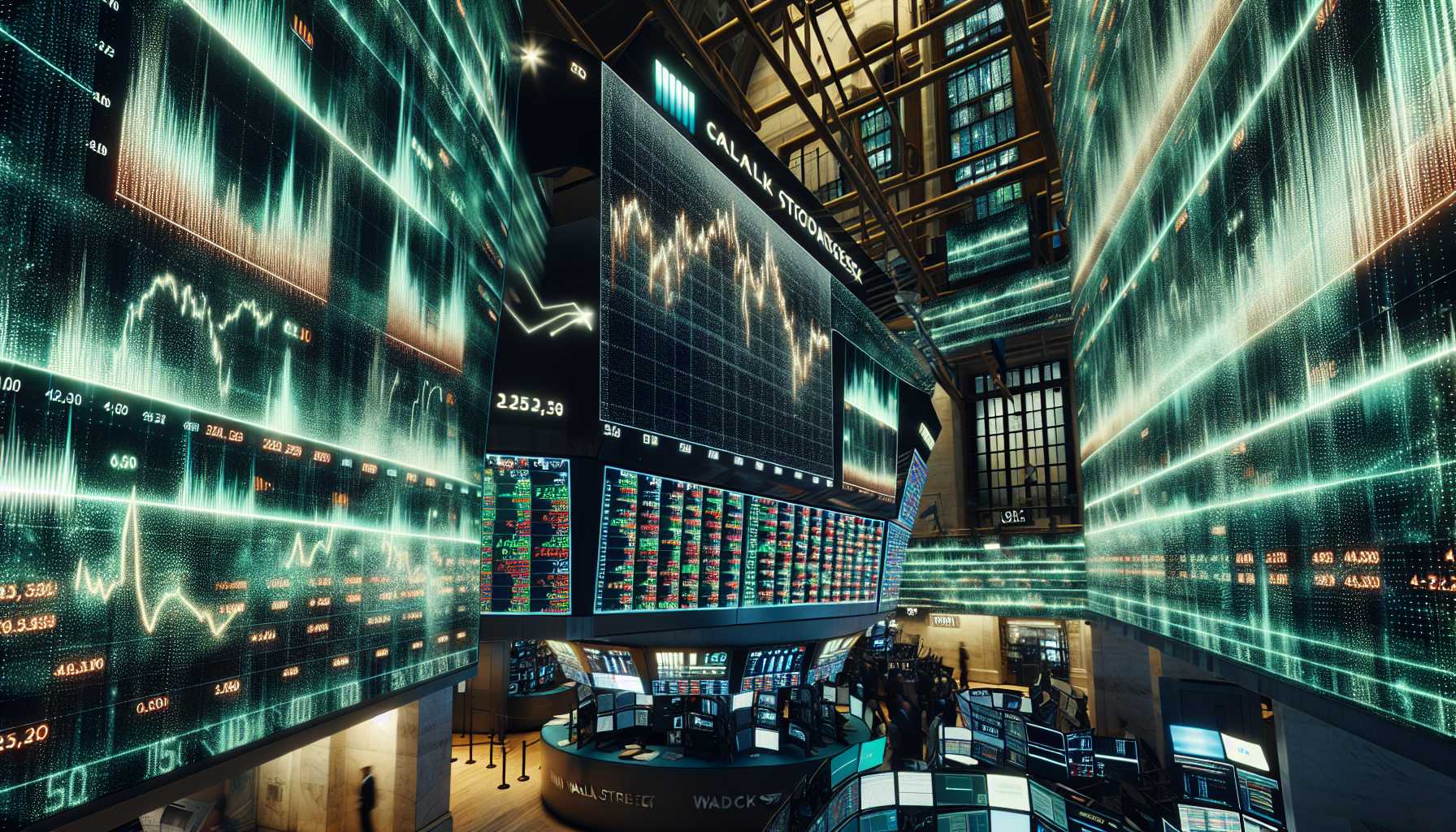 Wall Street stock market digital display boards with graphs going up and down