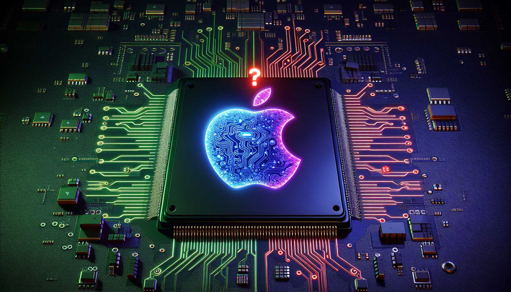 Futuristic chip technology with Nvidia and Apple logos and a question mark