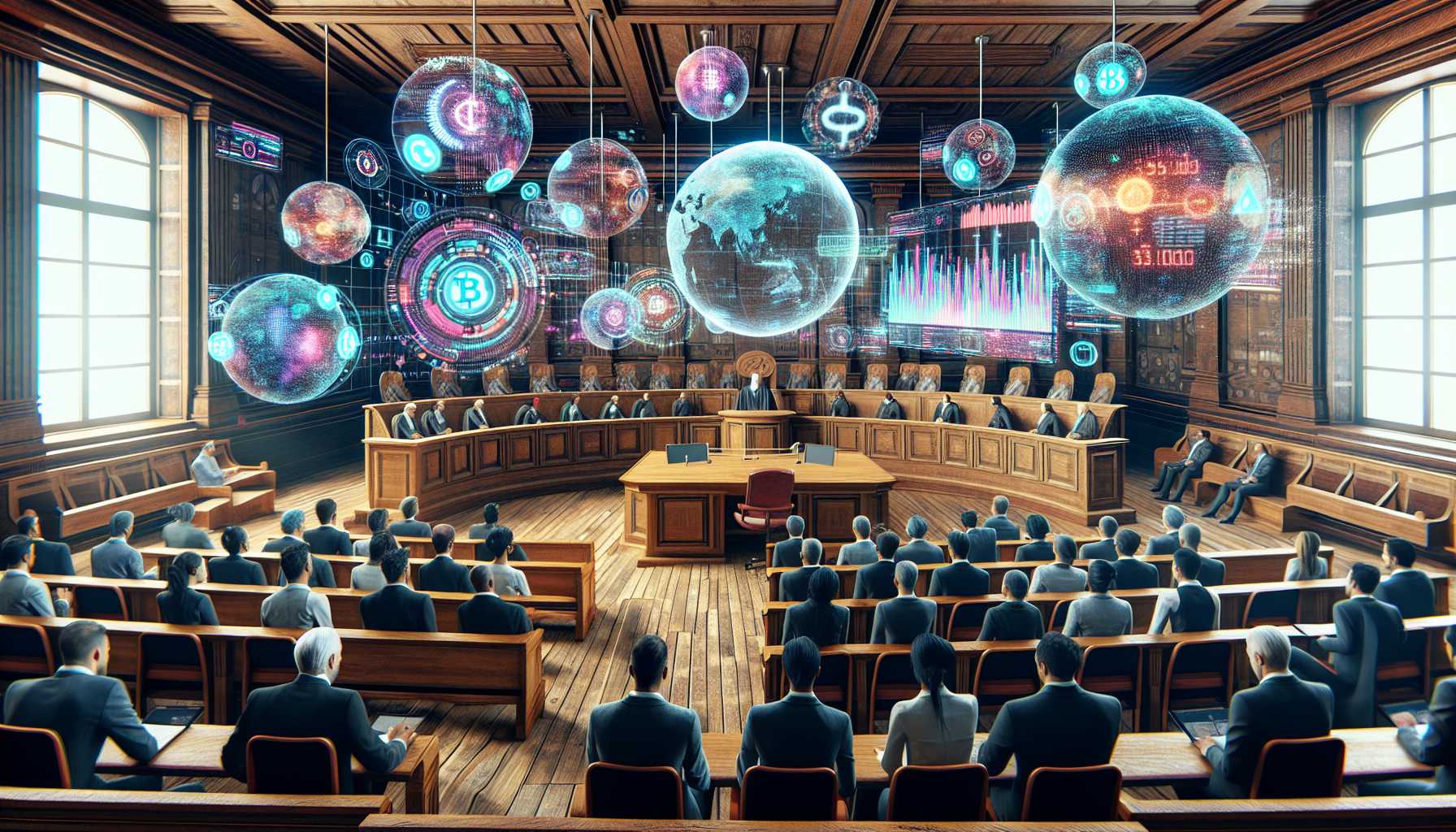 courtroom with digital screens displaying cryptocurrency data