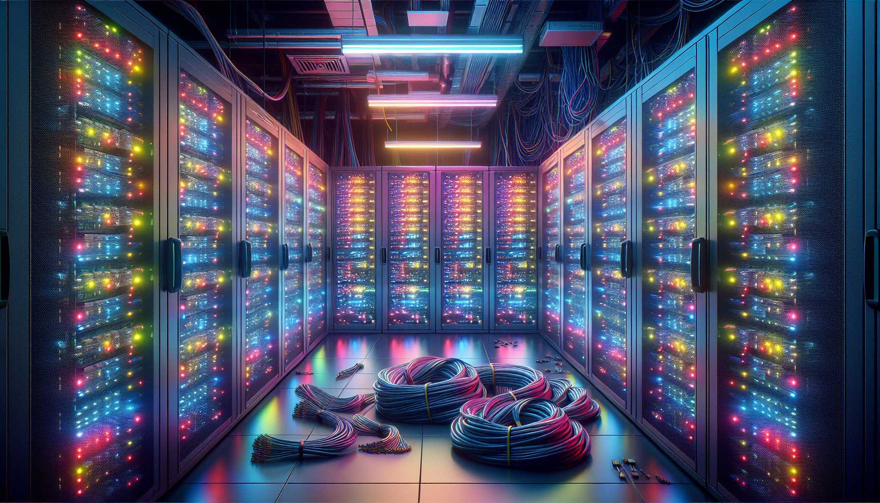 data server room with bright flashing lights