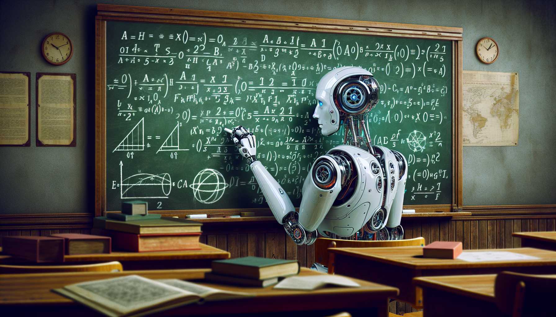 Artificial intelligence robot working on mathematics on a chalkboard