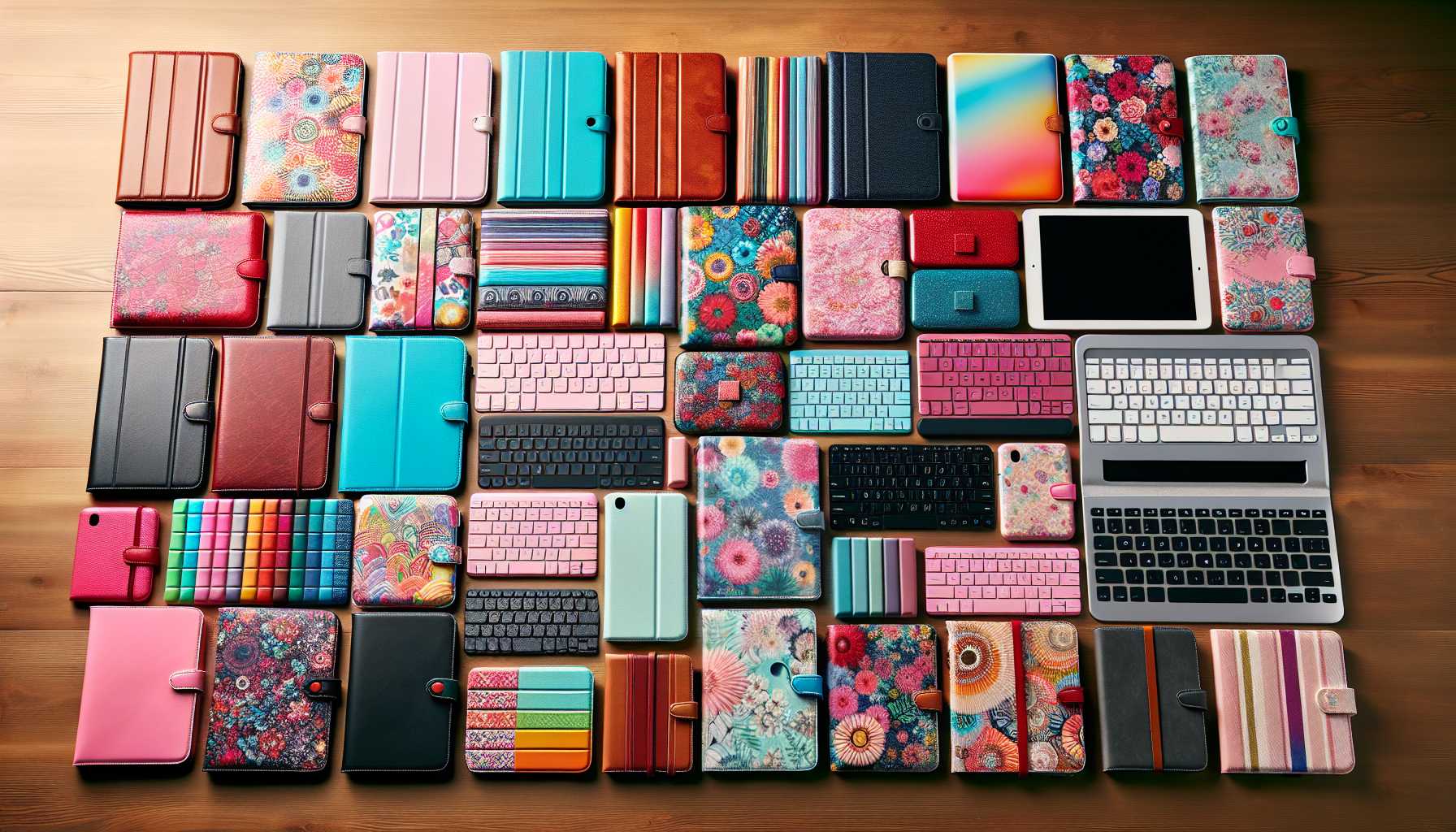 Assorted colorful tablet accessories including cases and keyboards