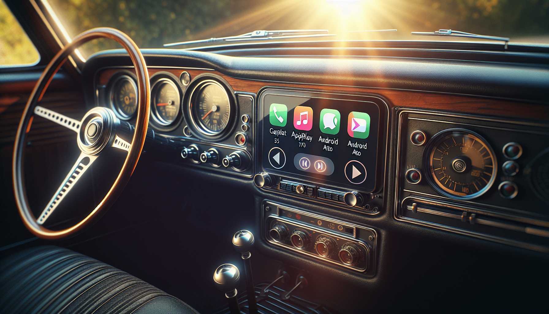 Car dashboard retrofitted with a wireless touch screen display supporting Apple CarPlay and Android Auto