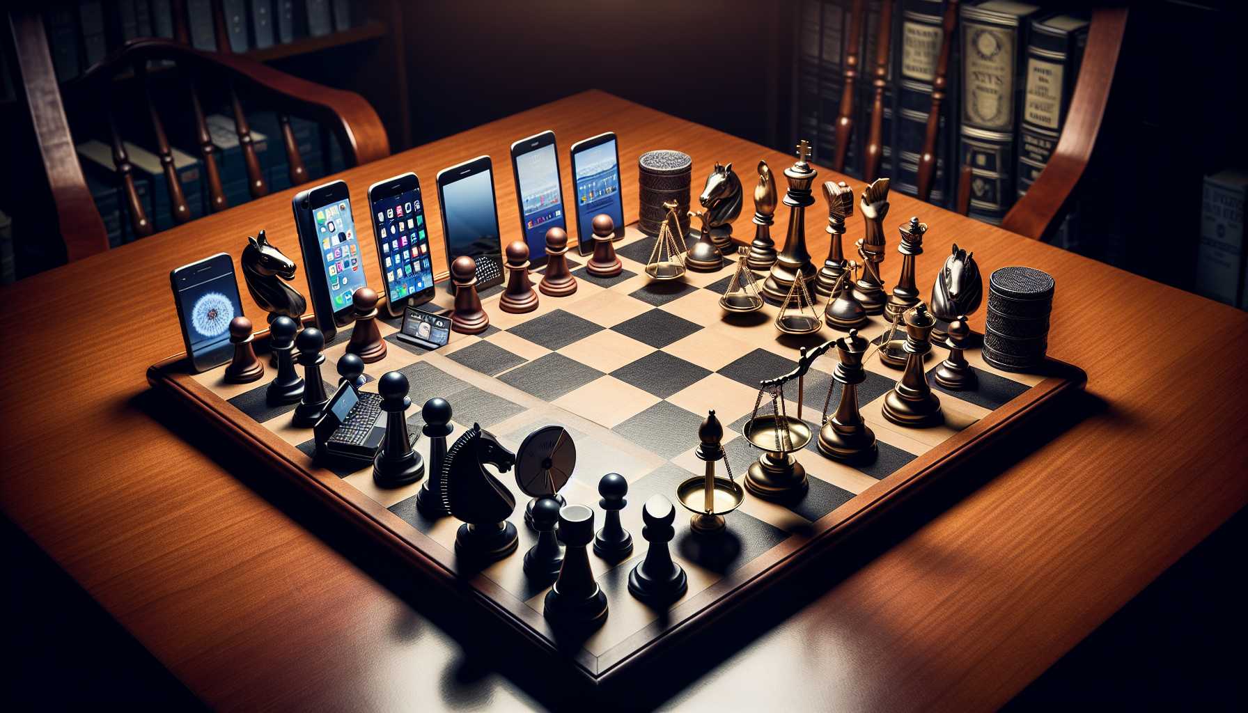 Illustration of Apple vs. Department of Justice themed chess game.