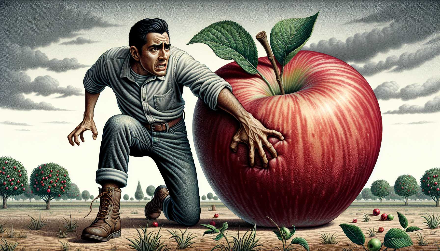 Dramatic drawing of a person trying to escape the grasp of a giant Apple.