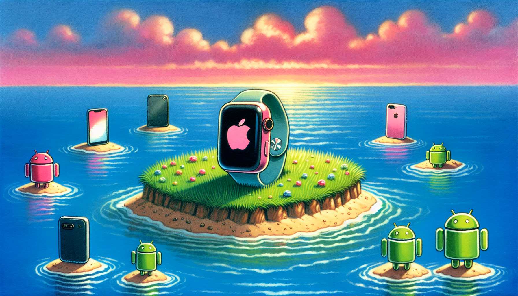 Cartoon of isolated Apple Watch on an island floating away from Android phones.