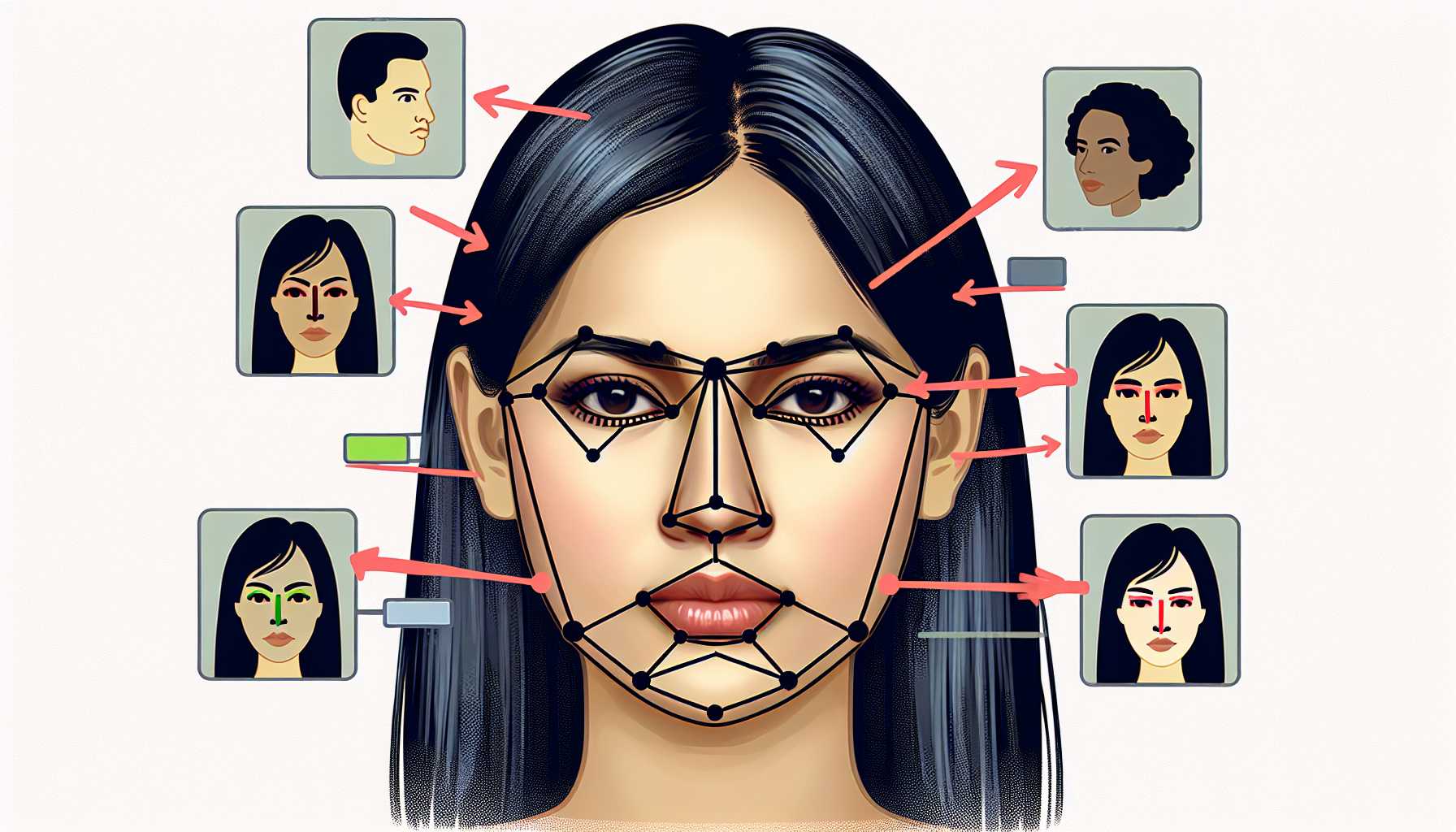 Facial recognition technology failing to identify a person, with arrows pointing at mismatched features.