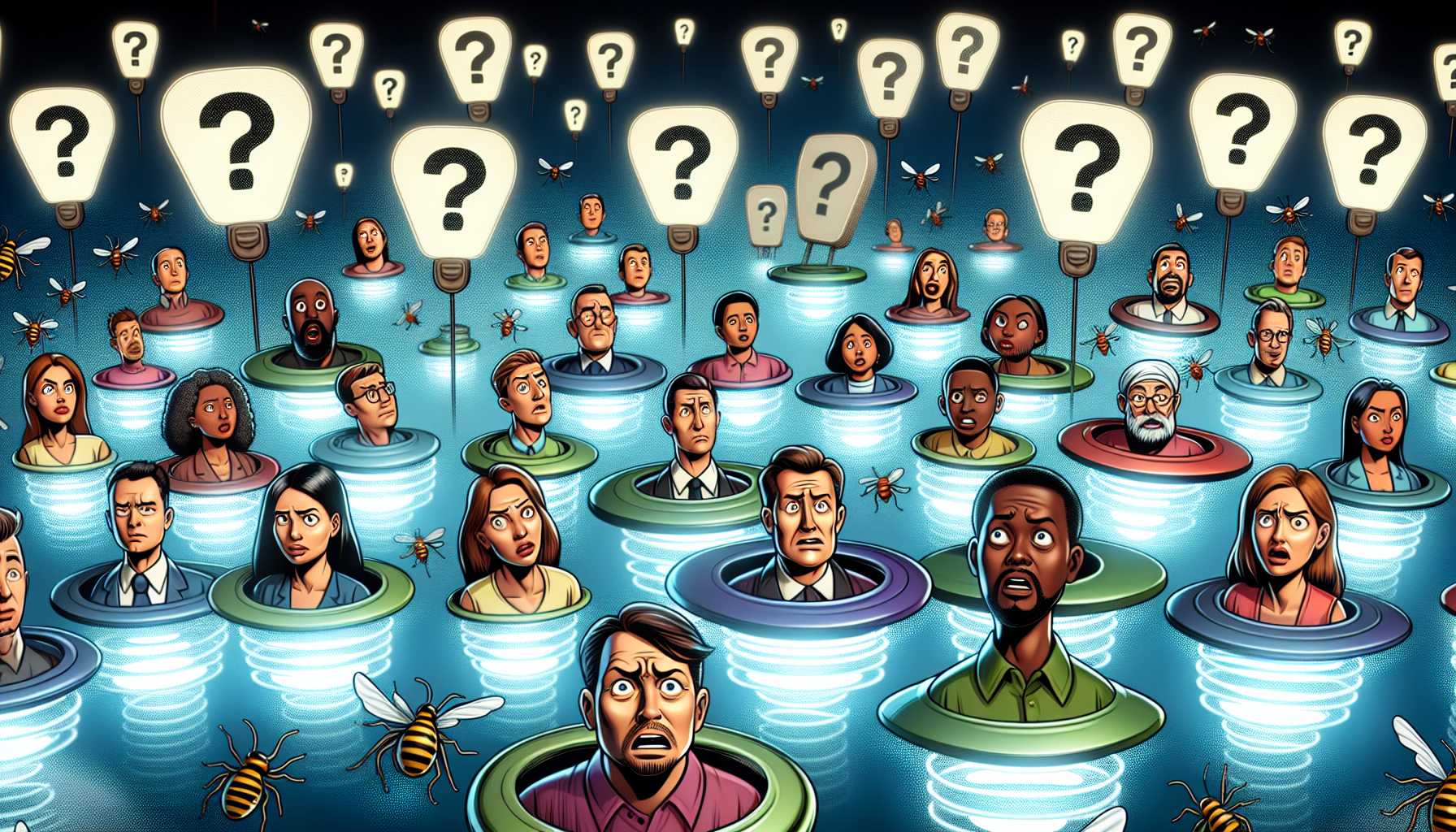 Caricature of confused customers swimming in a sea of bug zappers with question marks above their heads.