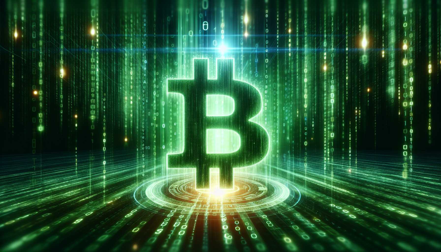 Bitcoin digital visualization with futuristic glow and matrix-style binary code background.