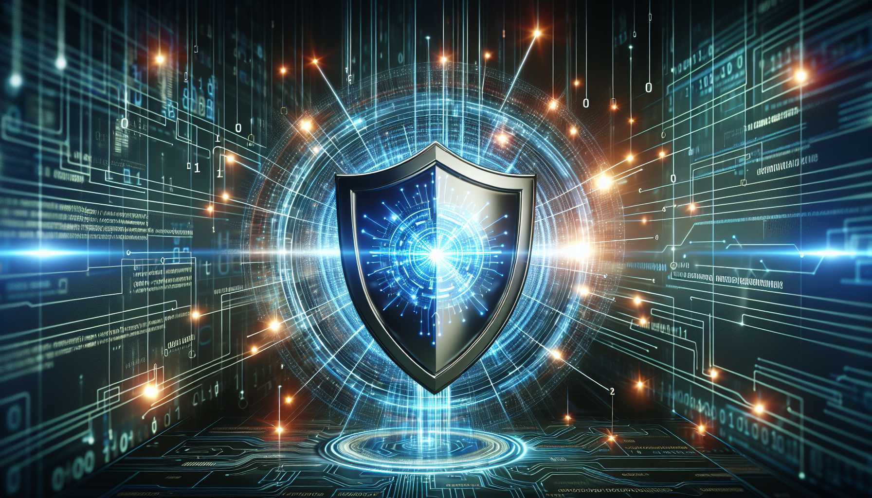 Cybersecurity shield against digital backdrop representing AI's role in security workforce.