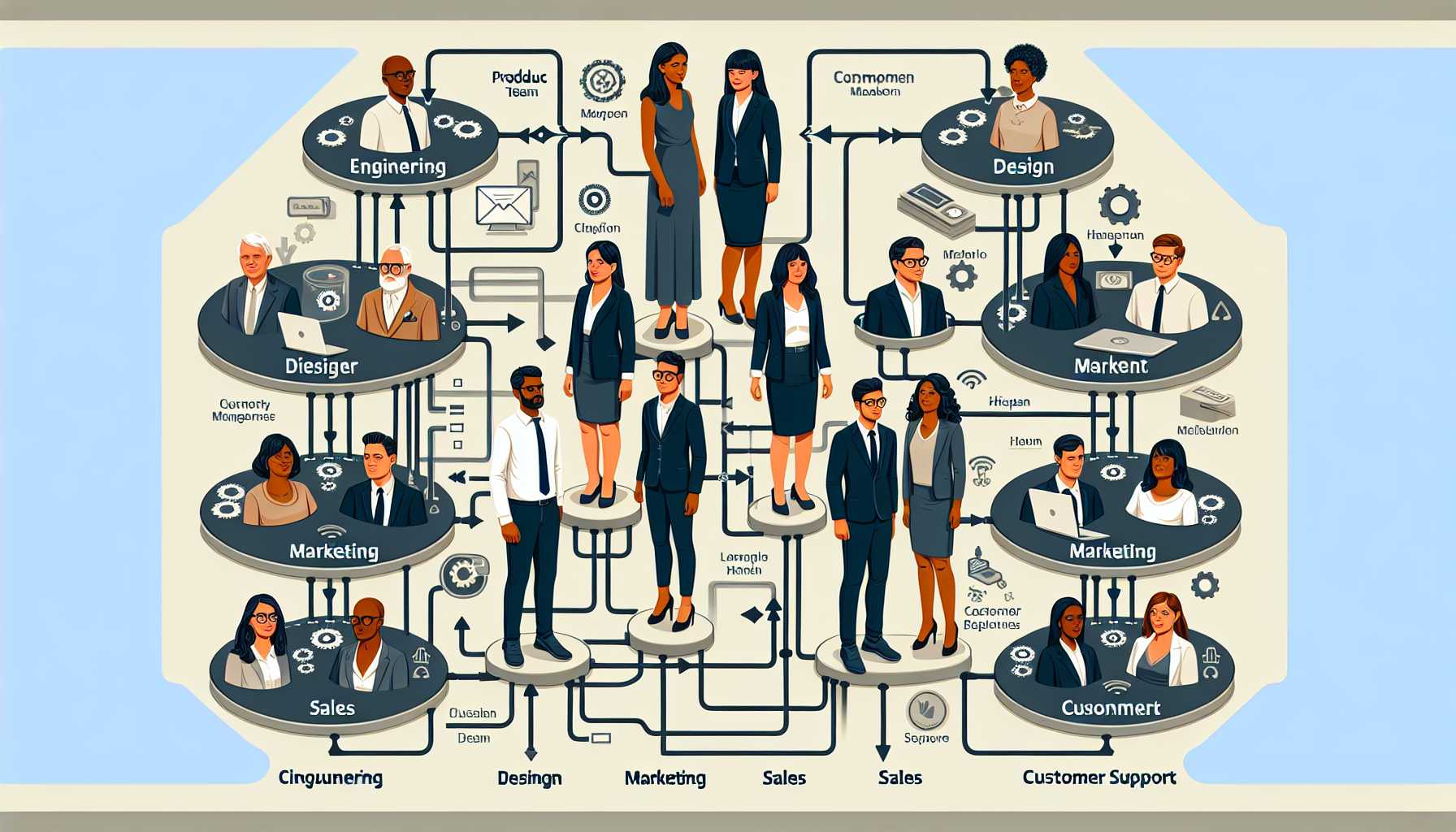 organigram of cross-functional teams in product management with various departments like engineering, design, marketing, sales, and customer support interconnected