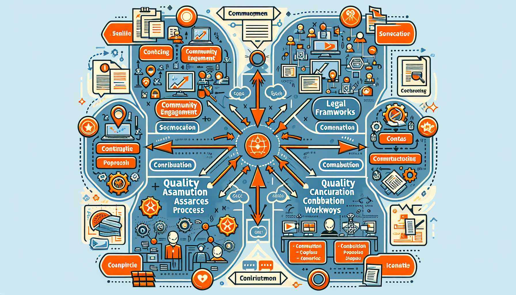 diagram of open source project management showing community engagement, legal frameworks, quality assurance processes, and contribution workflows