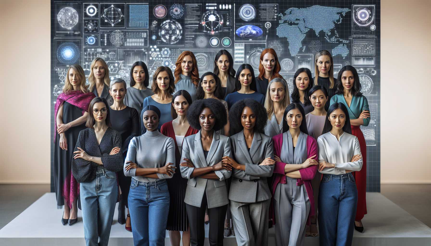 group of diverse women standing together against a backdrop of advanced technology and AI concepts