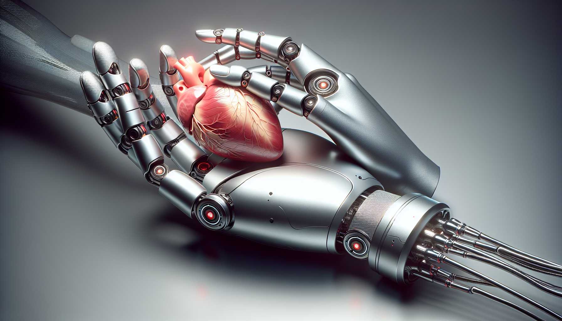 concept art of a futuristic robotic hand gently holding a human heart, symbolizing AI and intimacy