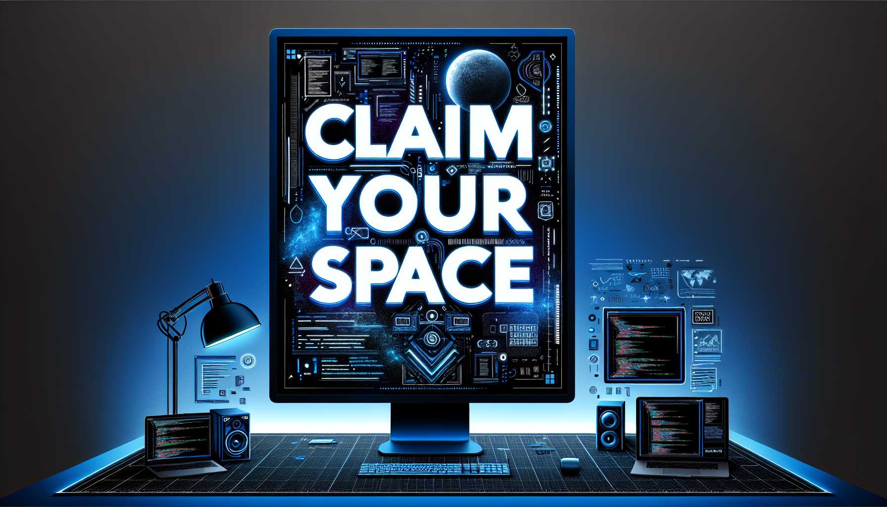 inspirational poster with the phrase 'Claim Your Space' in a tech setting