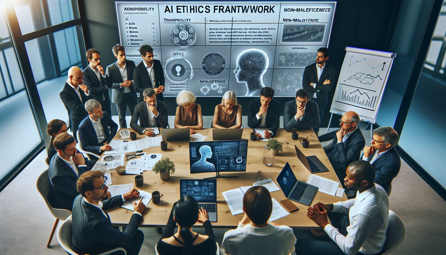 group of investors evaluating an AI startup with an emphasis on ethical considerations