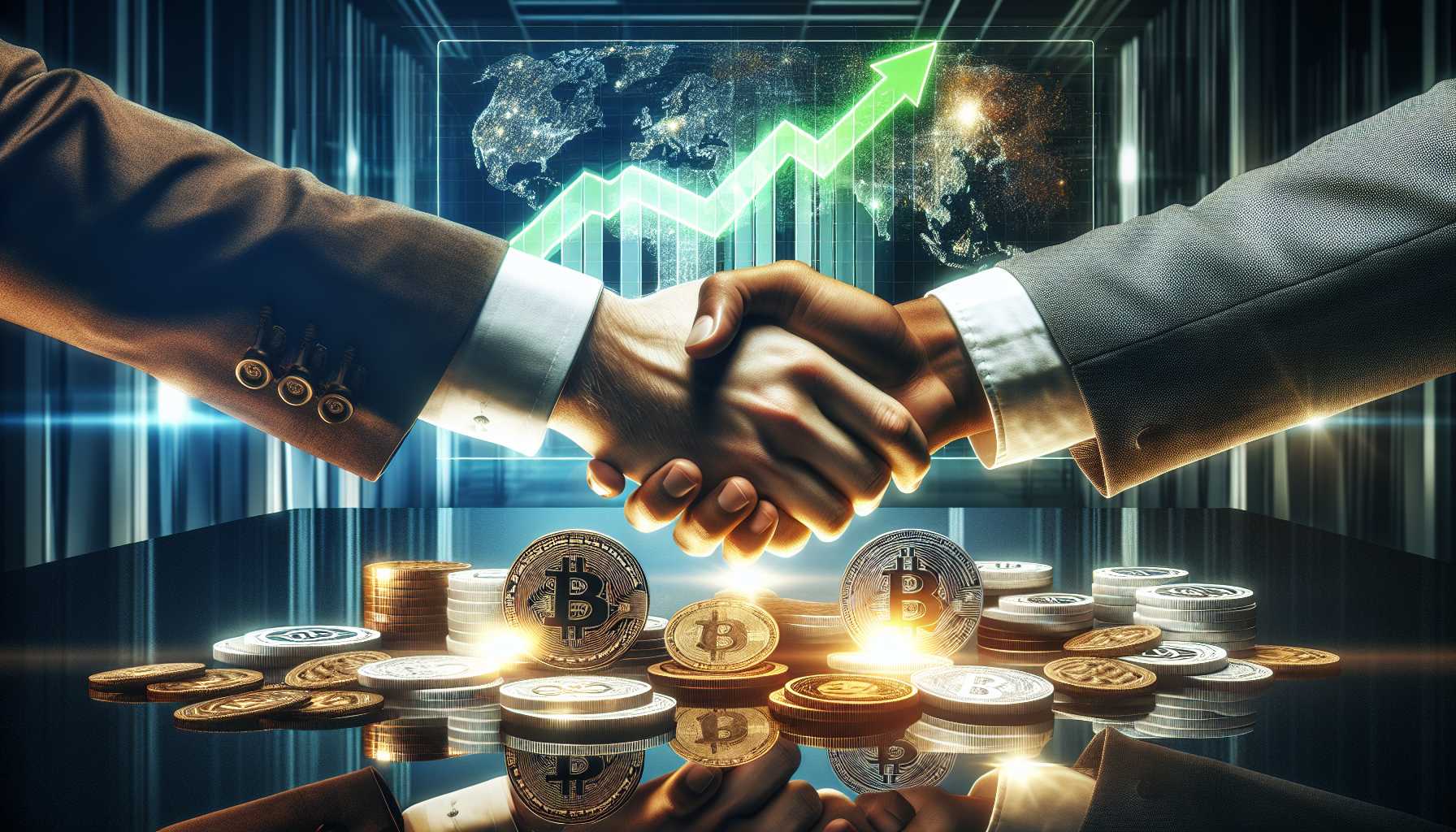 Crypto coins and venture capital handshakes with a rising graph