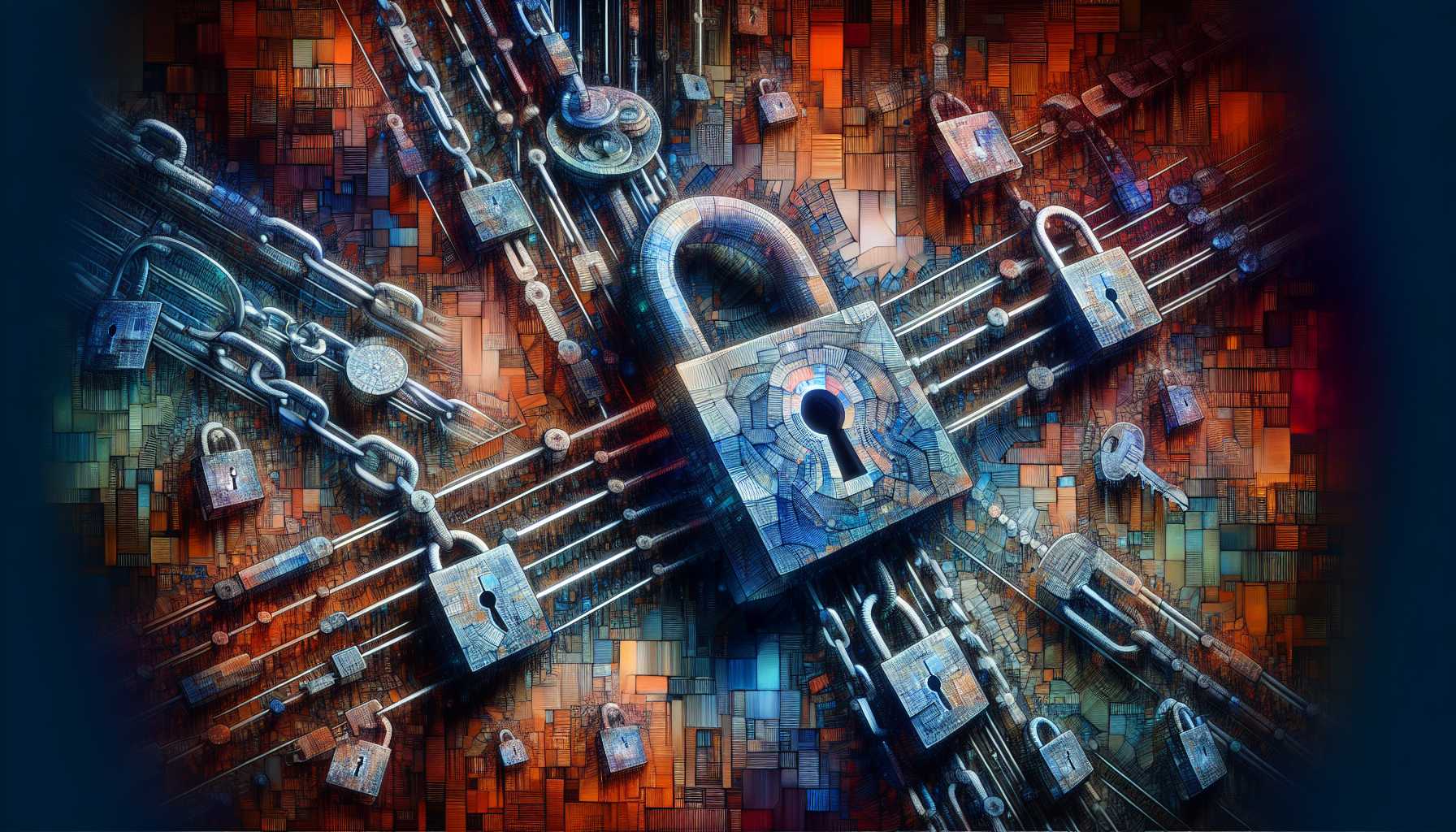 Zero-knowledge proofs symbolized with padlocks and digital keys within blockchain network