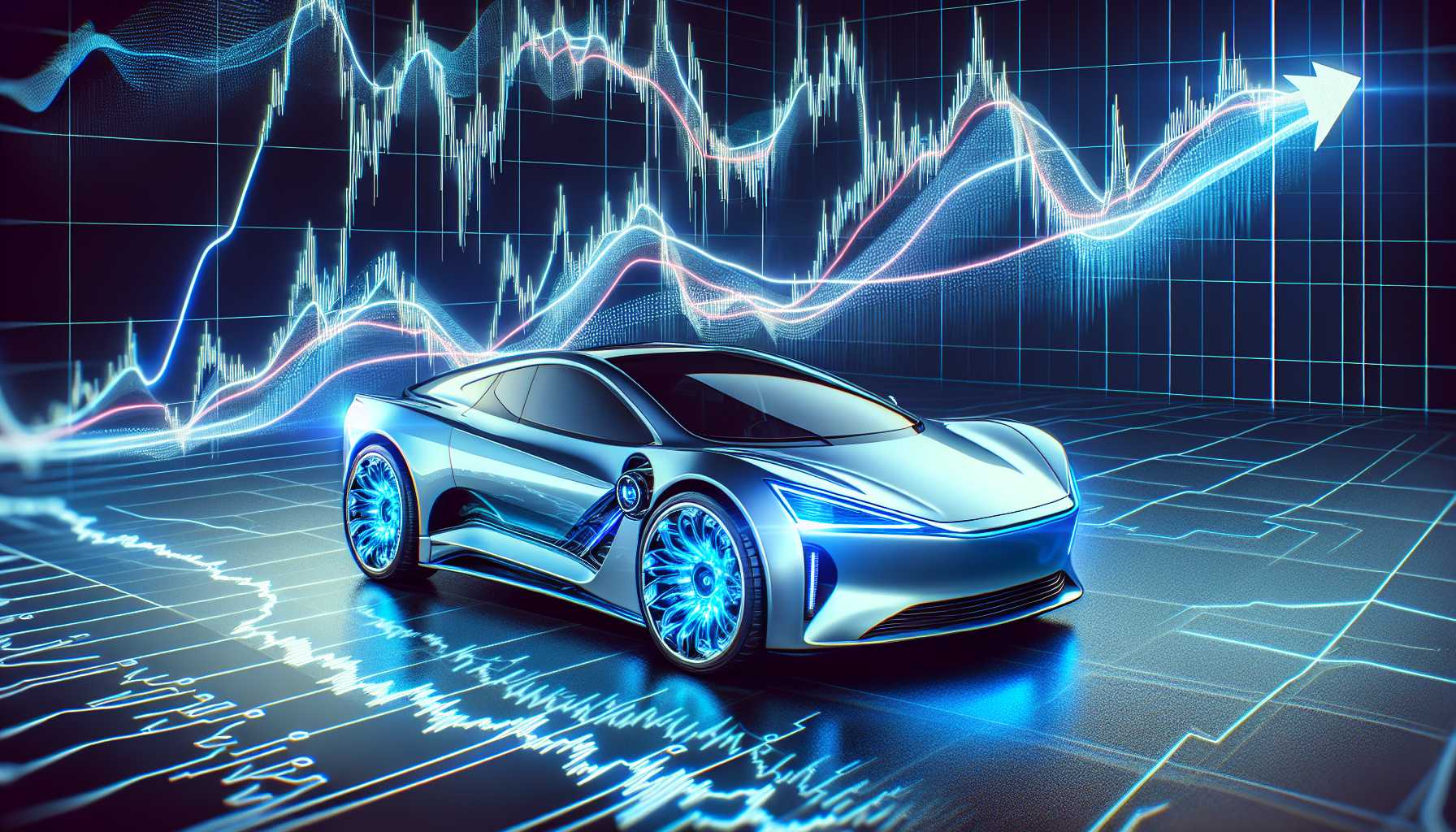 electric vehicle with a roller coaster stock chart in the background