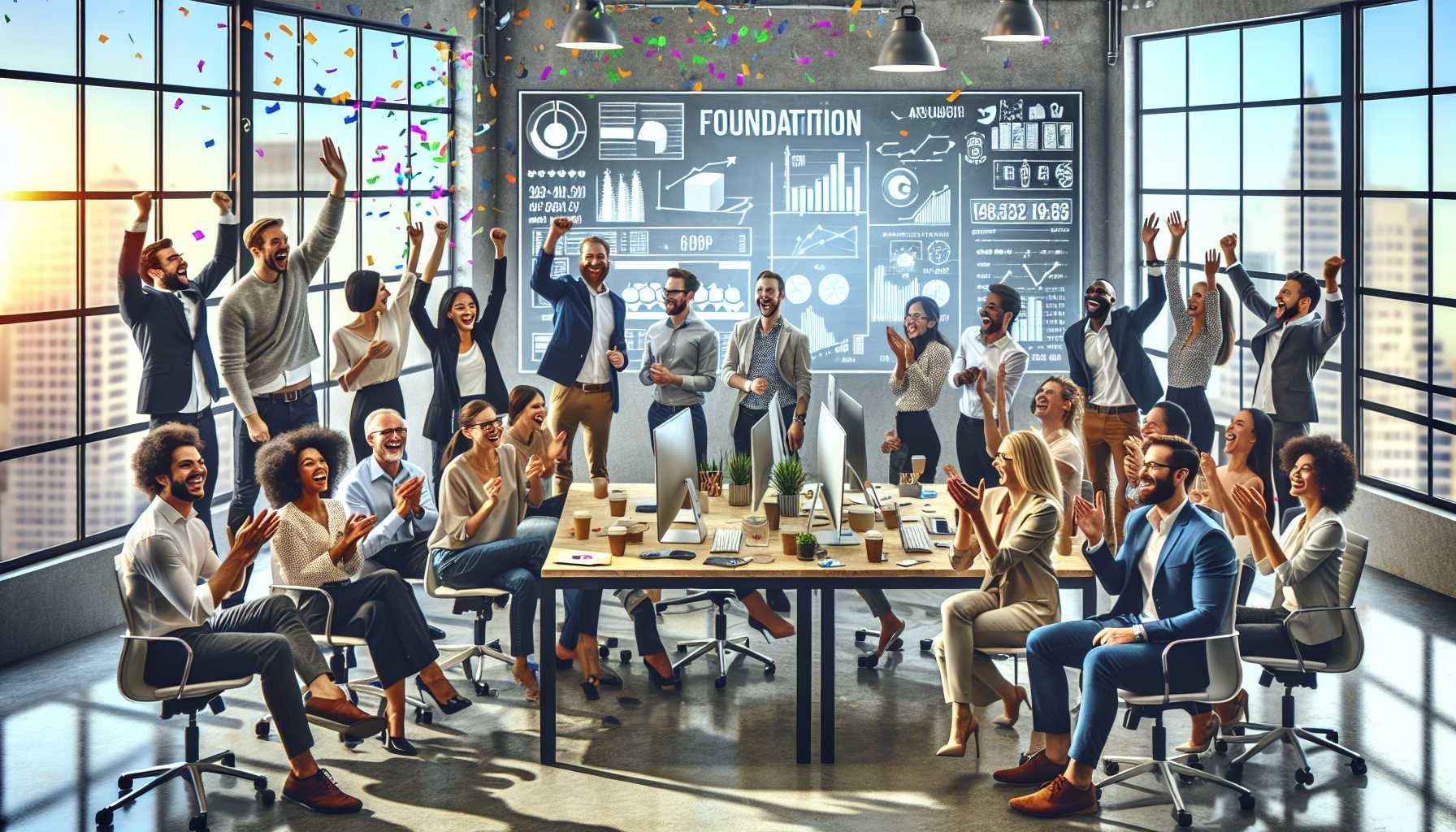 excited entrepreneurs in a tech startup office celebrating a successful funding round