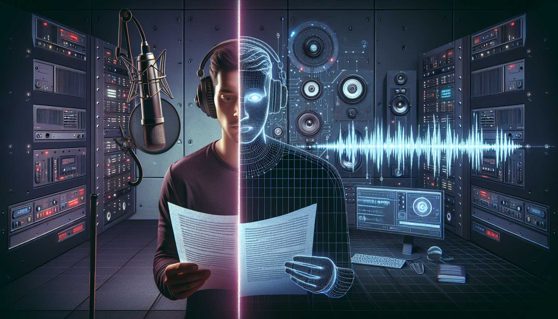 a conceptual image of traditional voice acting versus AI-generated voices