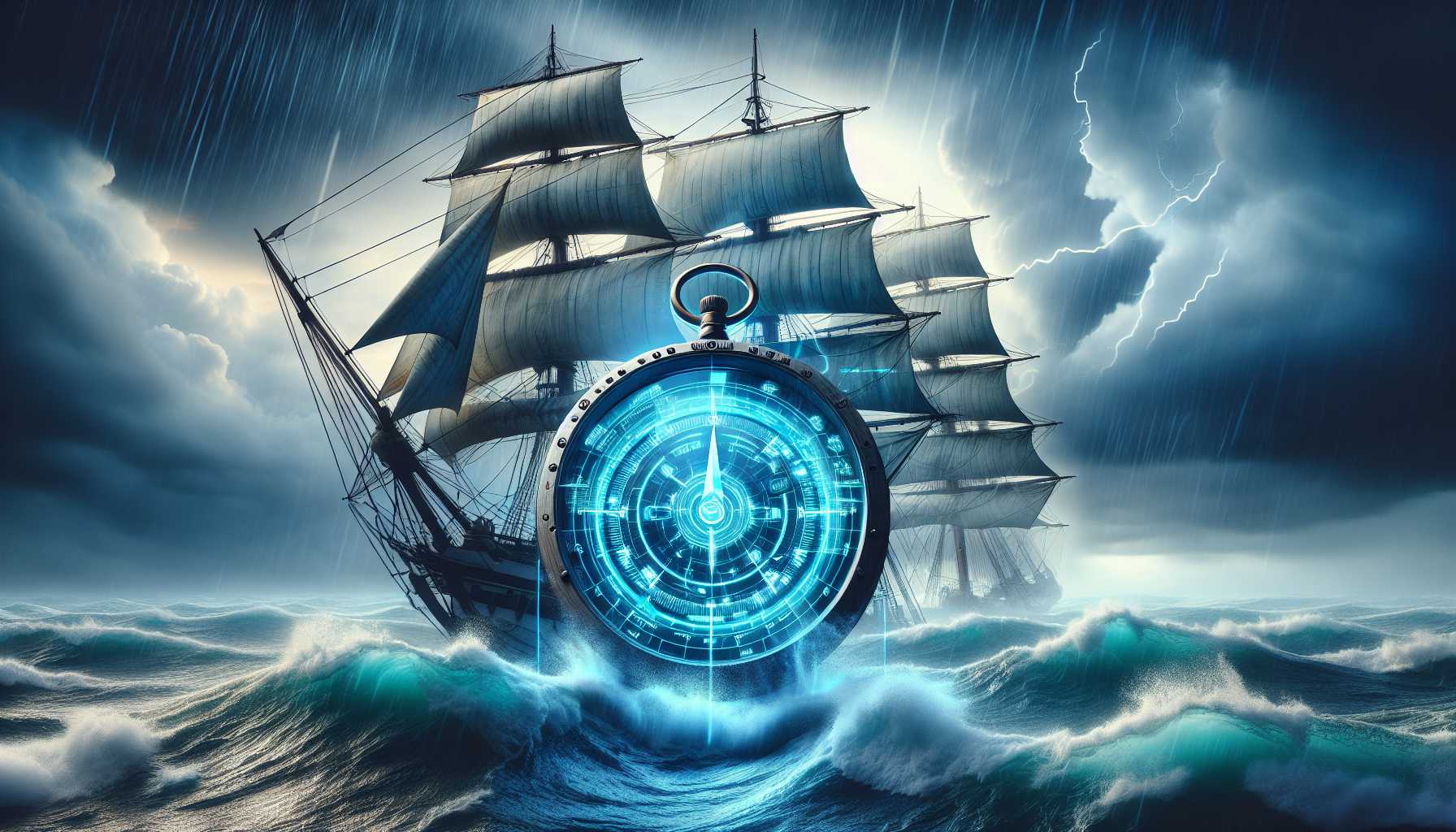 Sailing ship navigating through tumultuous ocean waves with a tech-themed compass