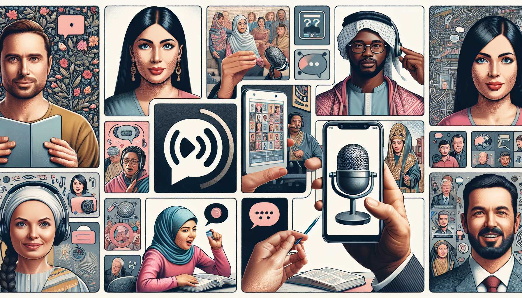 a collage of diverse people using voice-assisted technology in educational, entertainment, and siutation of speech therapy