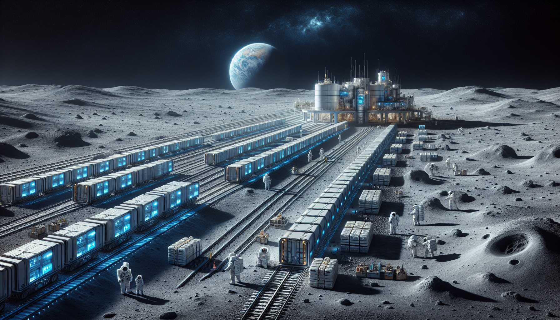 Concept art of a lunar railway network with astronauts and cargo on the Moon