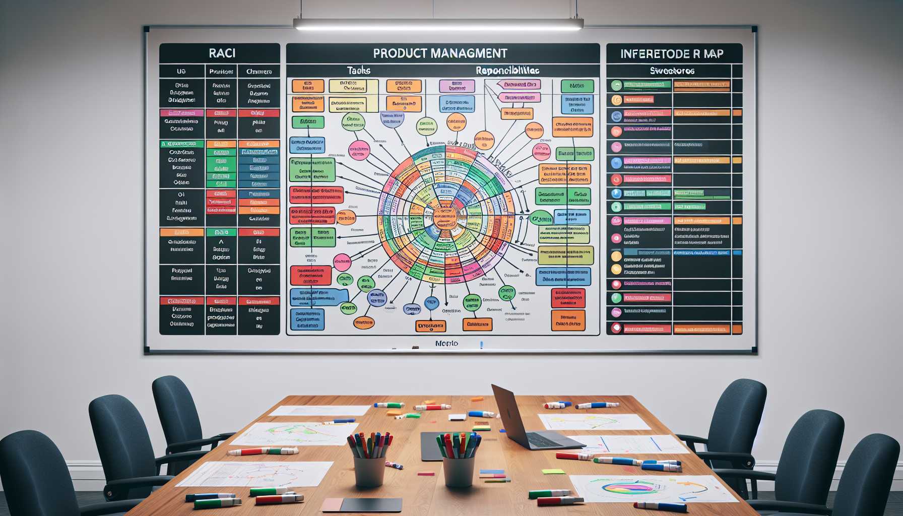 RACI matrix and stakeholder map on a whiteboard in the context of product management